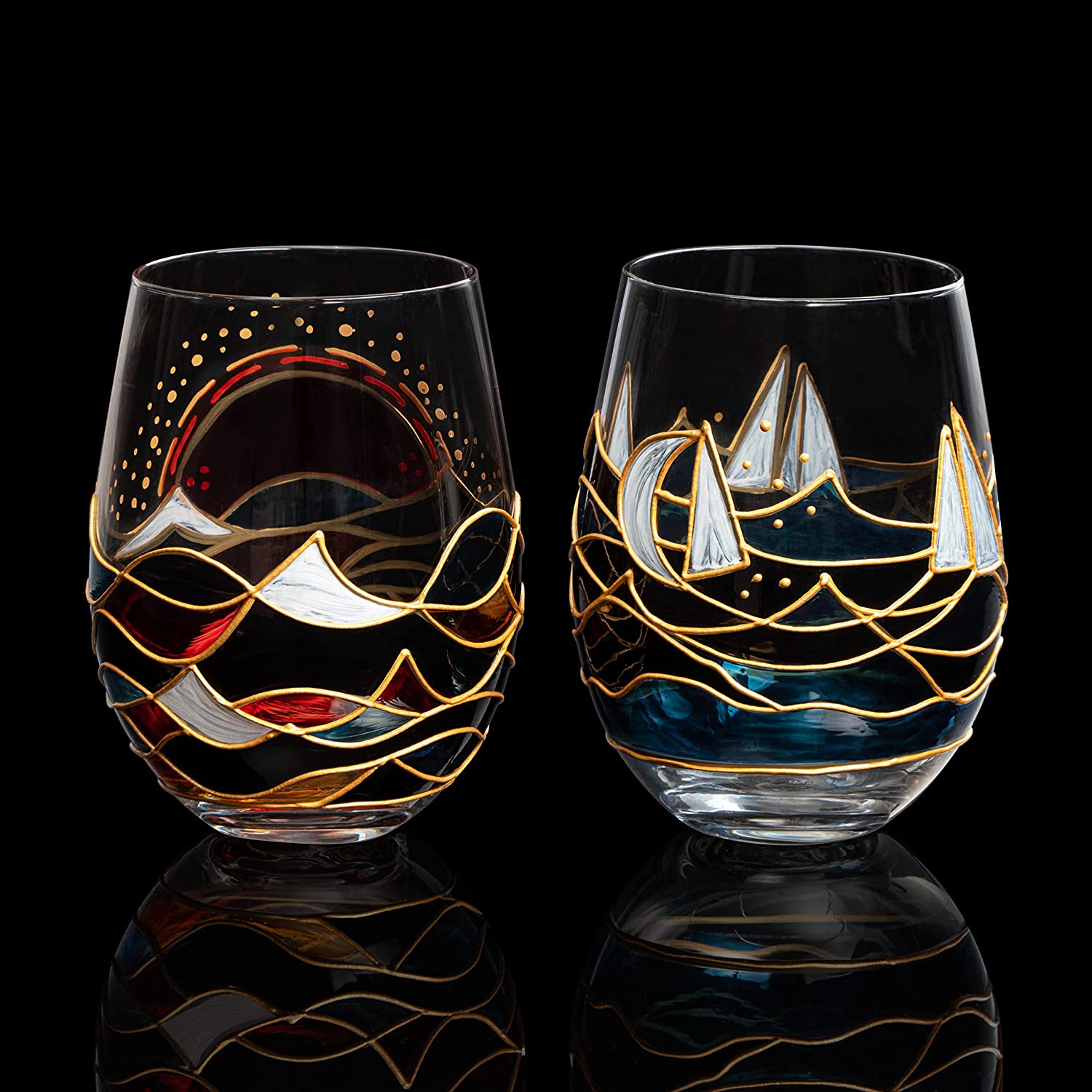 Artisanal Hand Painted Stemless Sailboat With Sunrise Set Of 2 Wine Glasses 2 Set Of