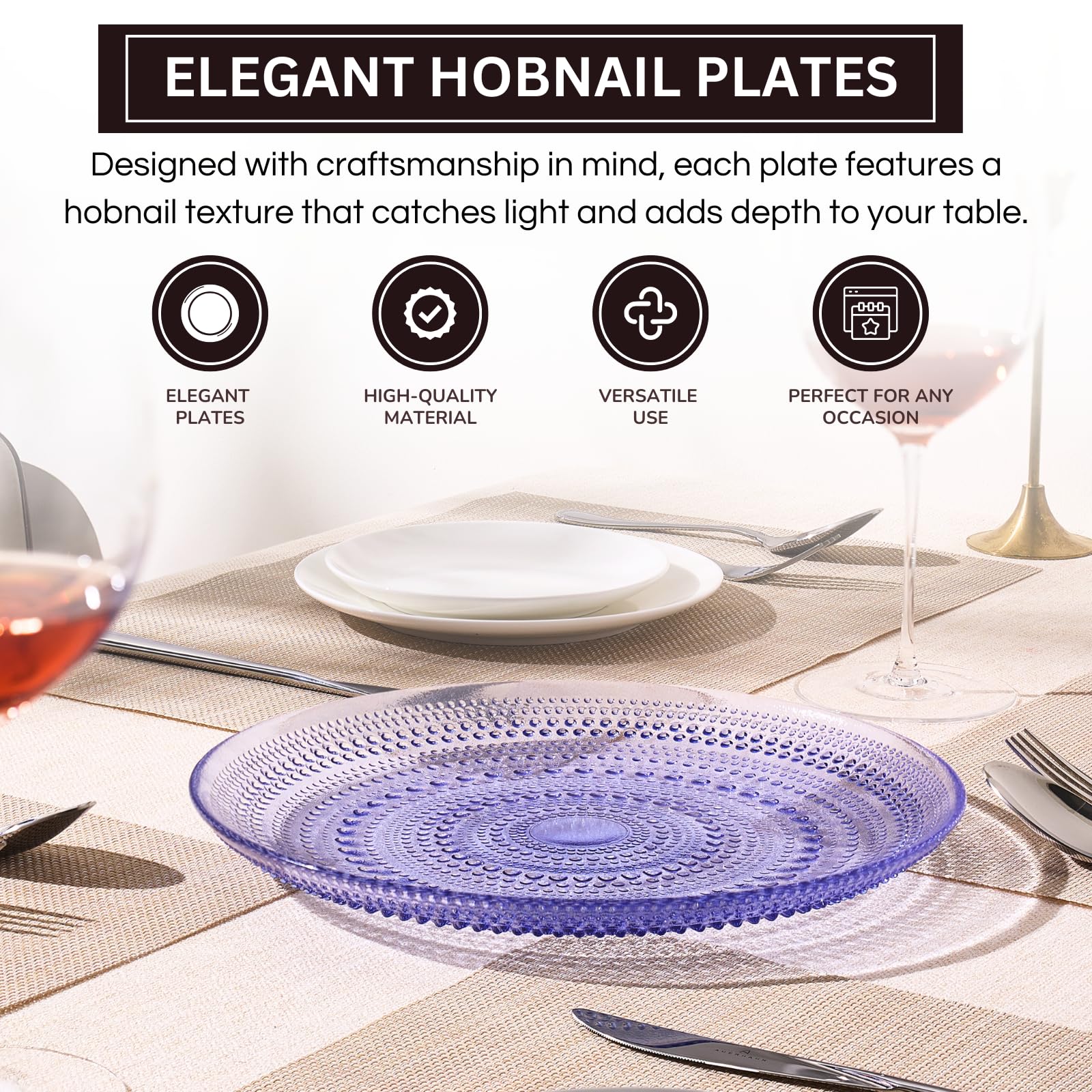 Glass Hobnail Dinner or Charger Plates | Set of 4 | Blue
