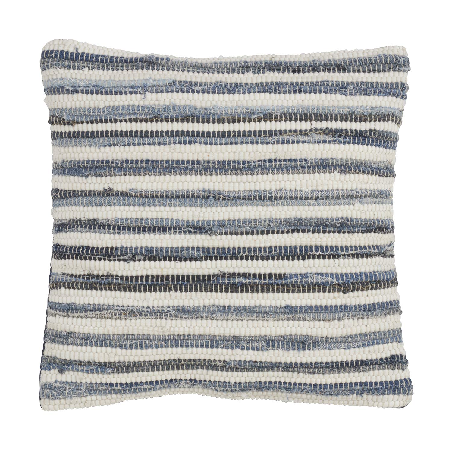 Gênes Collection Bohemian Tasseled Chindi 100% Pure Cotton 18 x 18 Inch Throw Pillow with Case & Insert – Denim Accent Pillow for Couch, Bedroom and Living Room Décor