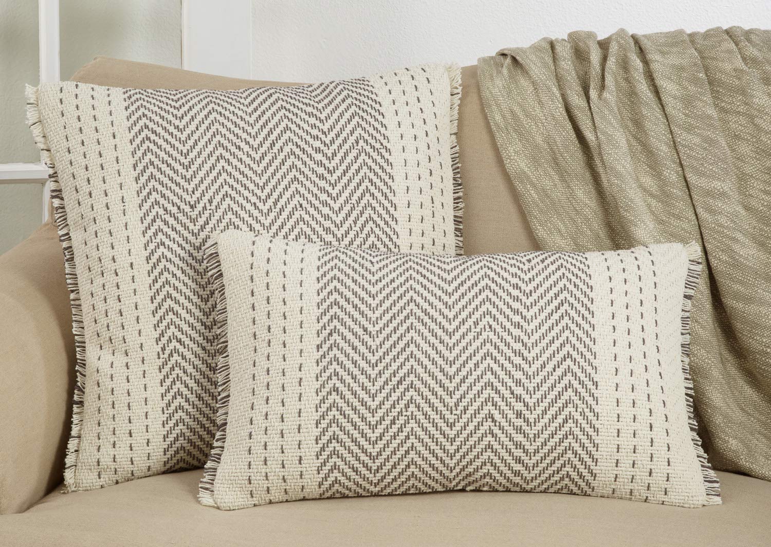 Modern Kantha Stitch Design 100% Cotton Decorative Throw Pillow Cover 14 x 23 Inch - Grey Cushion for Couch, Living Room and Bedroom Décor