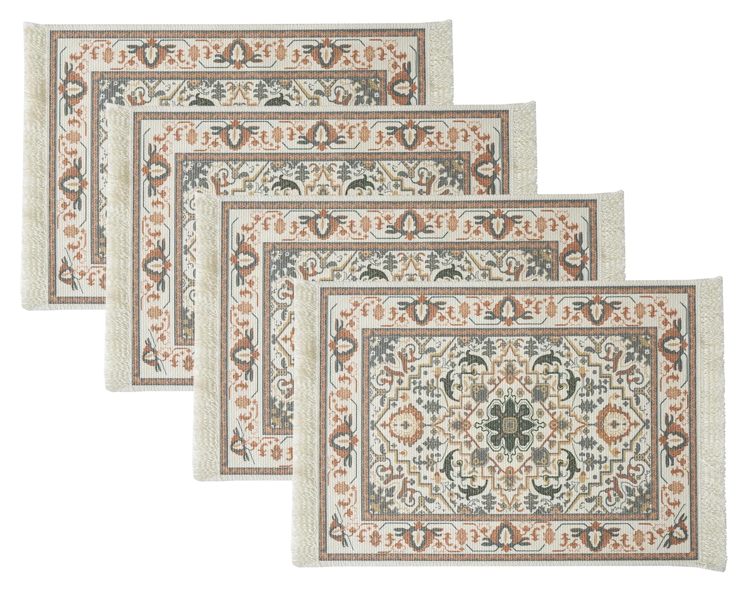 Fennco Styles Antique Turkish Printed with Fringe Placemats 14" W x 19" L, Set of 4 - Brown Oriental Woven Table Mats for Dining Room, Banquets, Family Gatherings, and Holidays