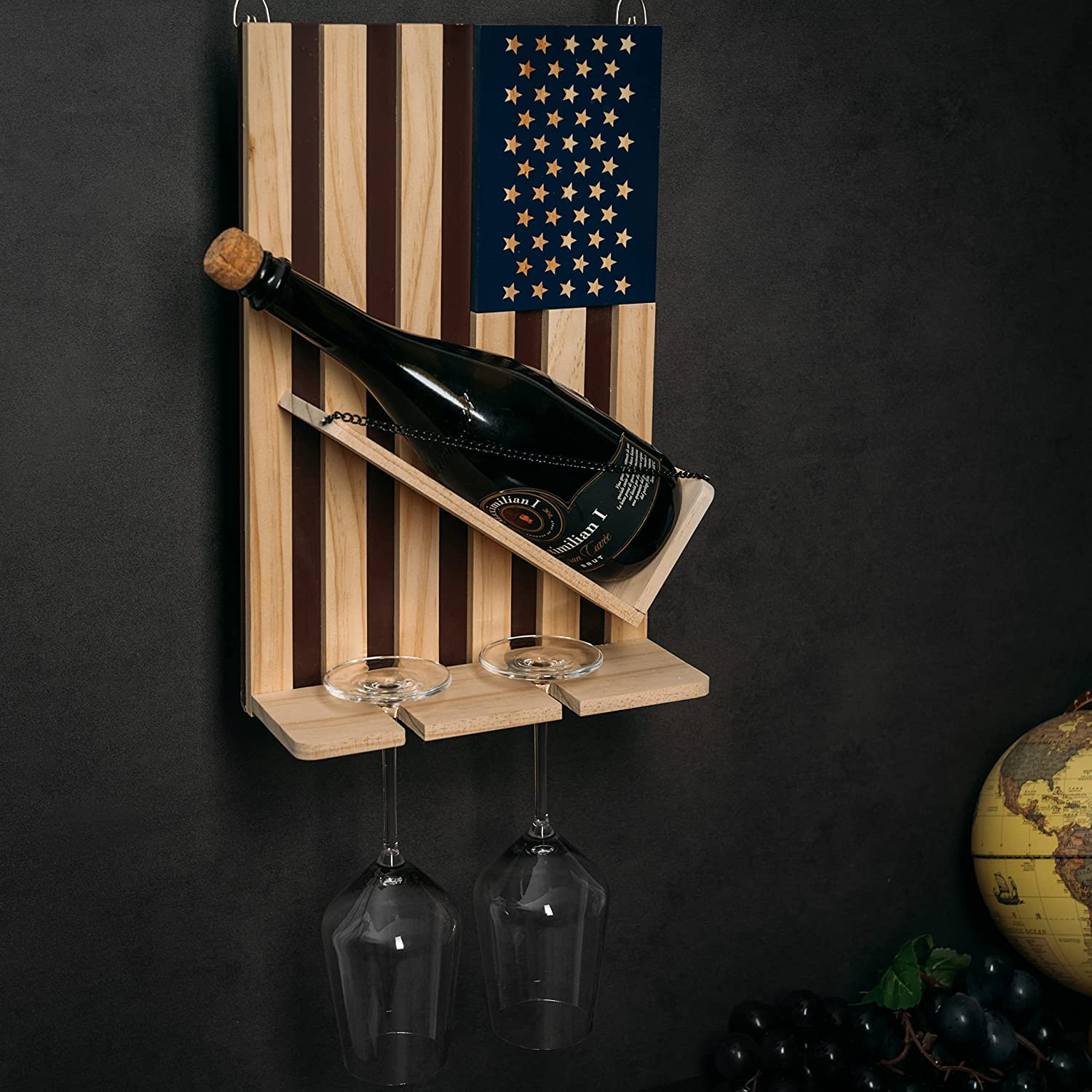 American Flag Wine Bottle Wall Rack Holder With 2 Wine Glasses By Patriotic Centerpi