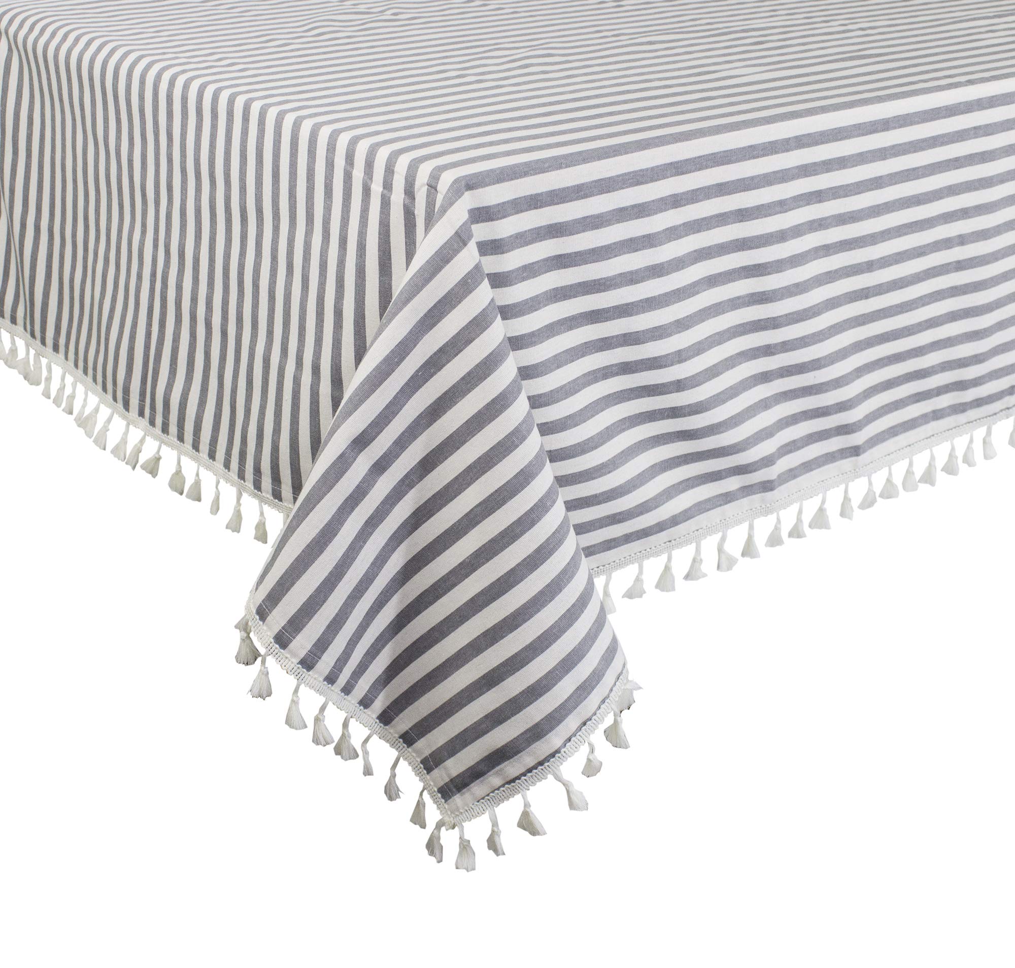 Fennco Styles Simply Striped Tassel Cotton Blend 55 x 55 Inch Tablecloth - Green Table Cover for Banquets, Holiday, Special Events, Outdoor and Home Décor