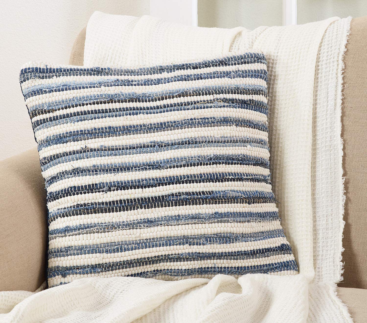 Gênes Collection Bohemian Tasseled Chindi 100% Pure Cotton 18 x 18 Inch Throw Pillow with Case & Insert – Denim Accent Pillow for Couch, Bedroom and Living Room Décor