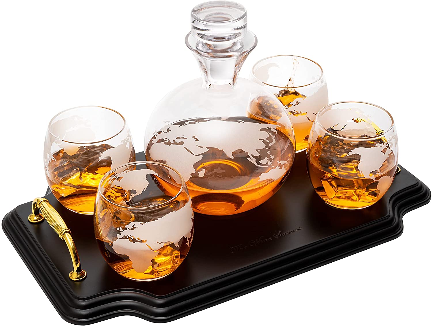 Etched World Map Globe Whiskey Decanter Set 750ML With 4 10OZ Map Glasses 13 H X 13 L By The Wine Sa