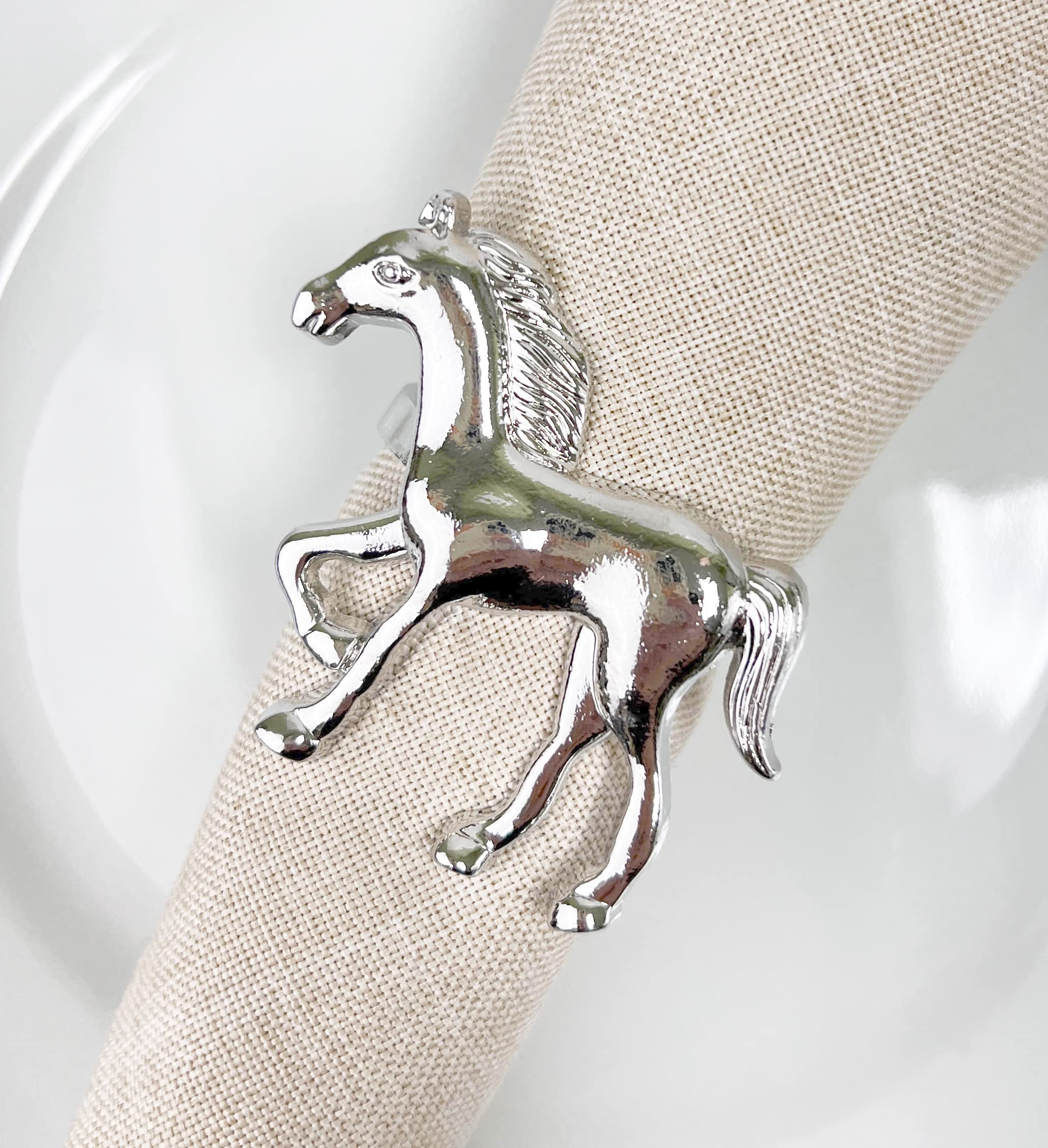 Fennco Styles Horse Metal Napkin Rings, Set of 4 - Silver Animal Napkin Holders for Home, Dining Table Décor, Banquets, Holidays, Family Gatherings and Special Occasions