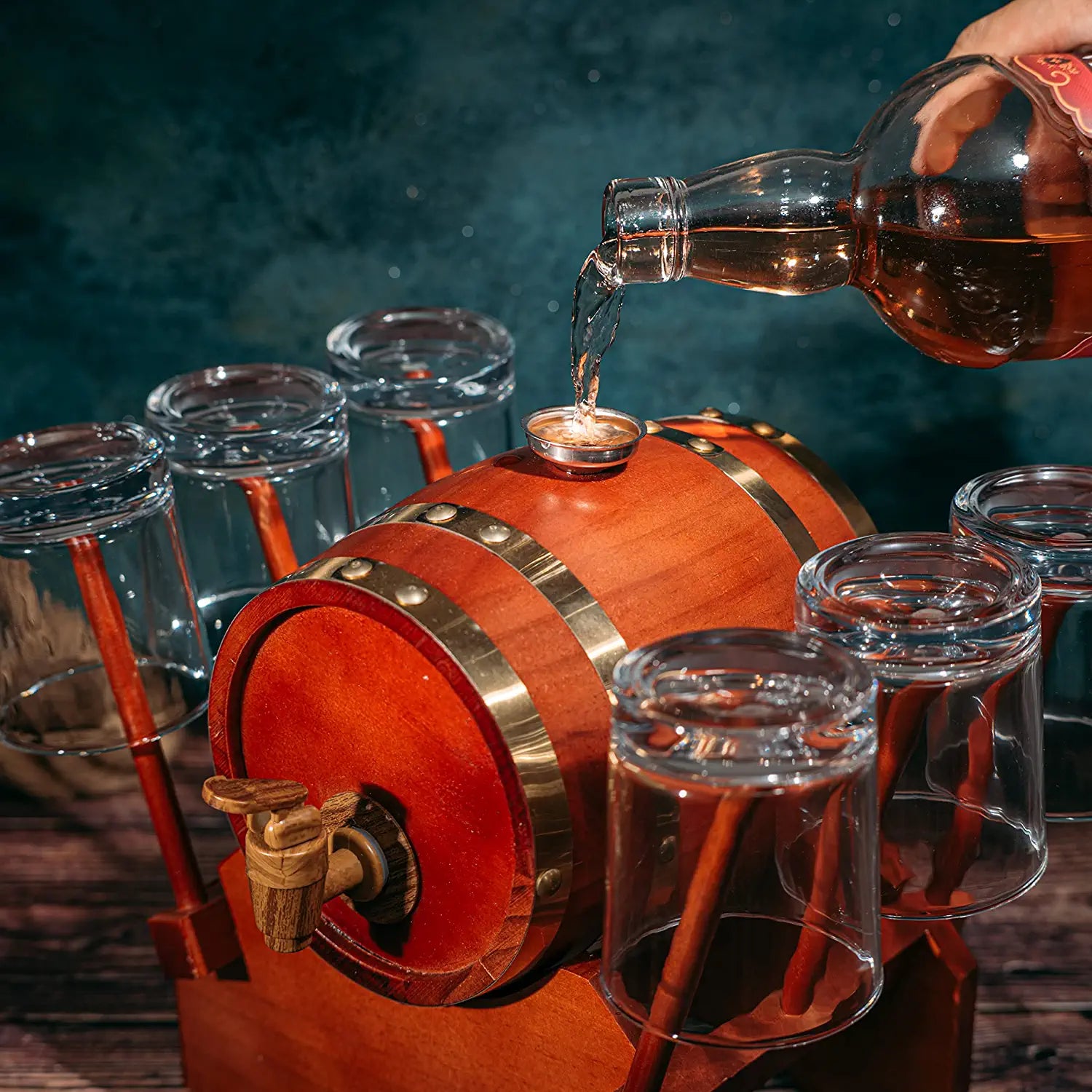 Barrel Decanter With 6 Whiskey Glasses By 1000 Ml Mahogany Wood Old Fashioned Classi