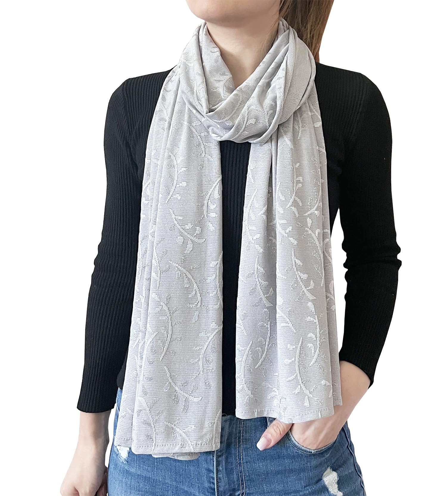 stylesilove Women Shimmering Jacquard Floral Scarf Silver Thread Flower Scarves Ultra Lightweight Soft Shawl Neck Wraps