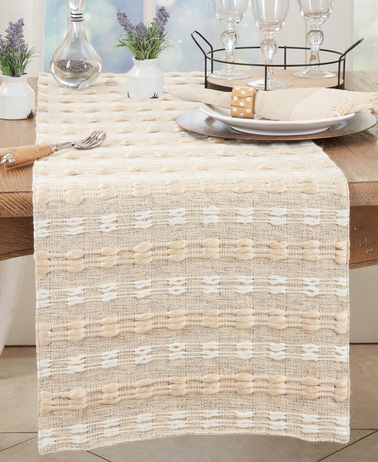 Fennco Styles Natural Woven Stripe Table Runner 16" W x 72" L - Handmade Design Table Cover for Home, Dining Room, Banquets, Family Gatherings and Special Occasions