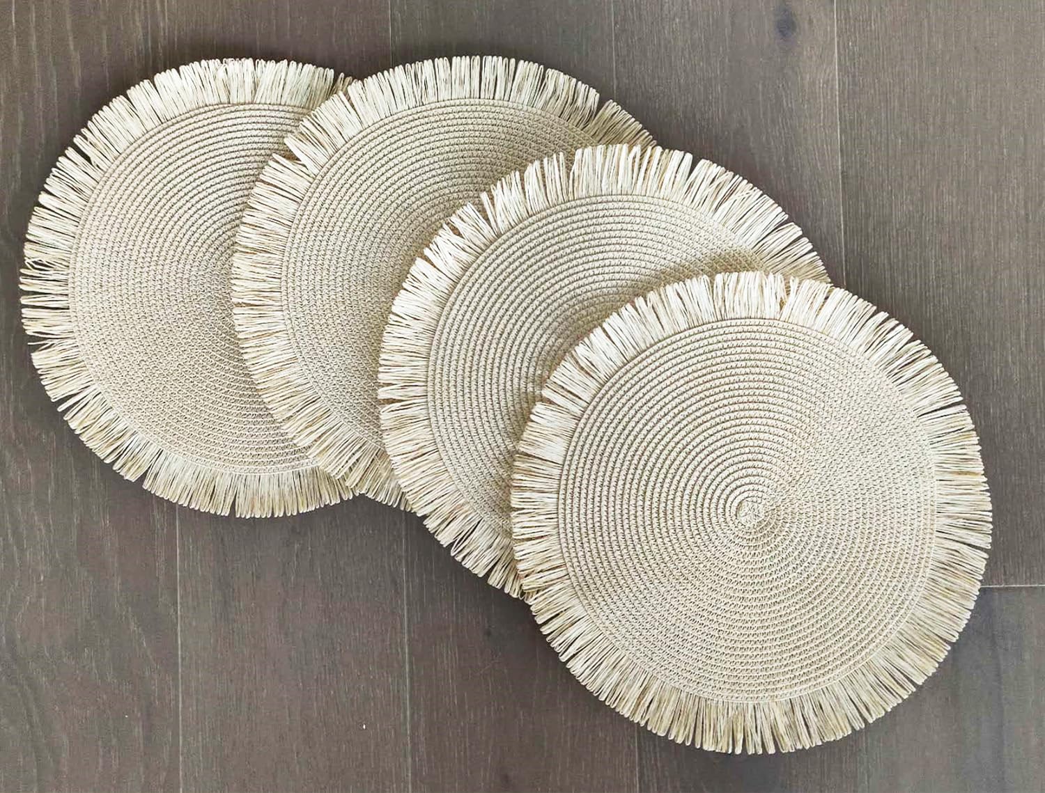 Fennco Styles Handwoven Fringe Boho Placemats 15" Round - Natural Braided Texture Table Mats for Home, Dining Room, Banquets, Family Gathering and Special Occasion