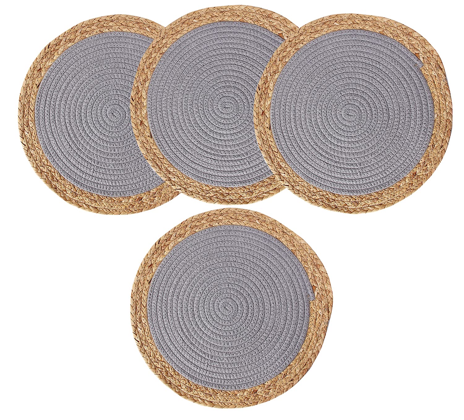 Fennco Styles Hand-Woven Rattan Cotton Rope Placemats Round, Set of 4 - Braided Table Mats Heat Resistant Insulation for Home, Boho Décor, Dining Table, Banquets, Special Events