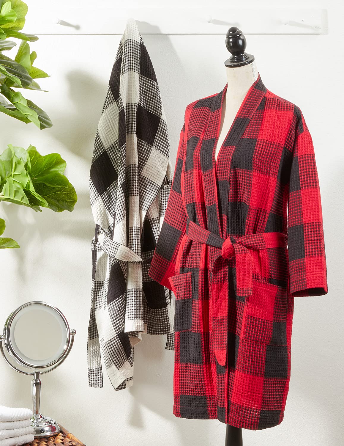 Women Buffalo Plaid Waffle Weave 100% Cotton Bathrobe Lightweight Sleepwear Absorbent Spa Robe