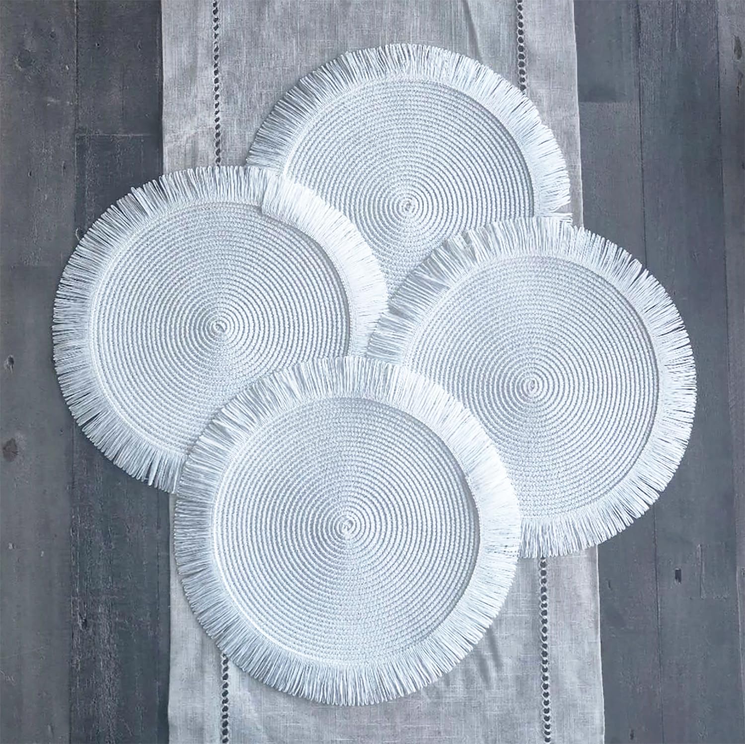Fennco Styles Handwoven Fringe Boho Placemats 15" Round - Natural Braided Texture Table Mats for Home, Dining Room, Banquets, Family Gathering and Special Occasion