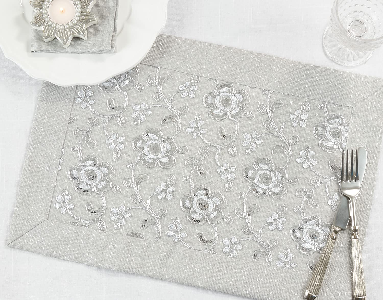 Fennco Styles Sequin Floral Embroidered Placemats 14" W x 20" L - Table Mats for Home, Dining Room, Banquets, Wedding, Holiday and Special Events