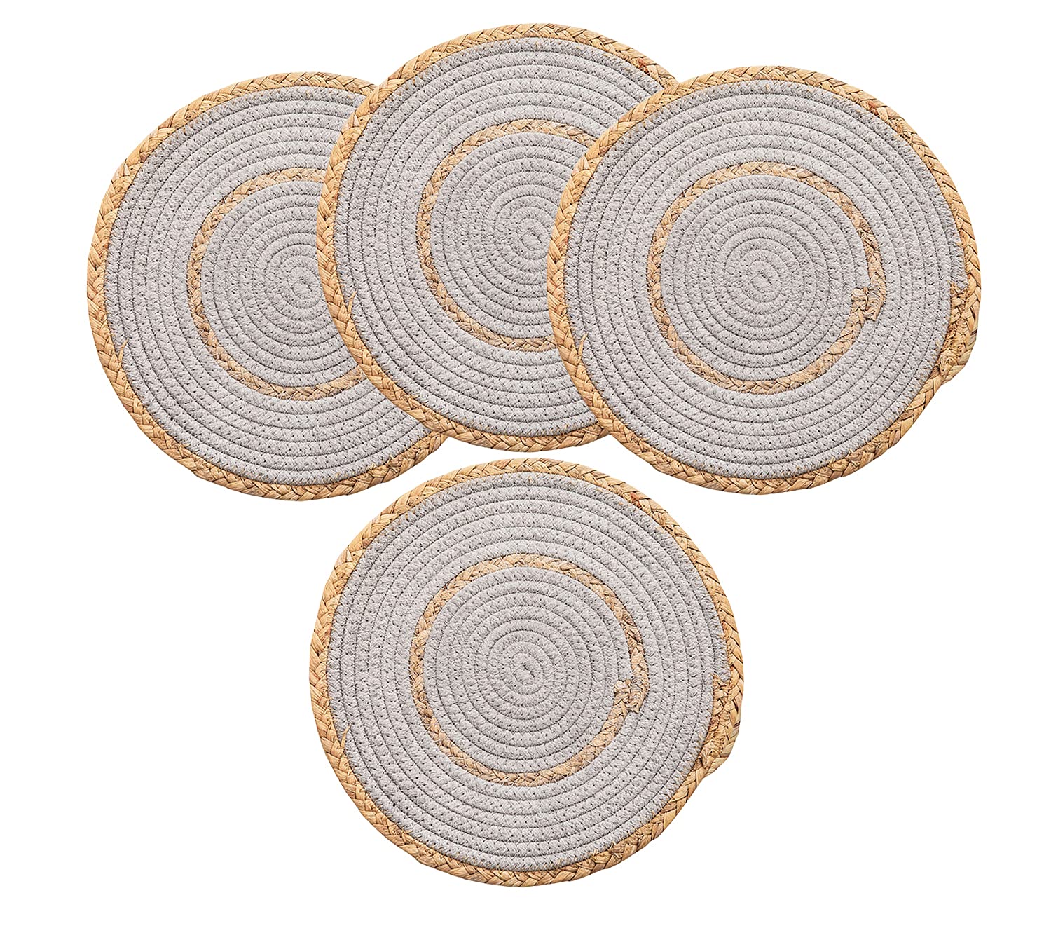 Fennco Styles Hand-Woven Rattan Cotton Rope Braided Placemats 12-Inch Round, Set of 4 - Heat Resistant Insulation Table Mats for Home, Boho Décor, Dining Table, Banquets and Special Events