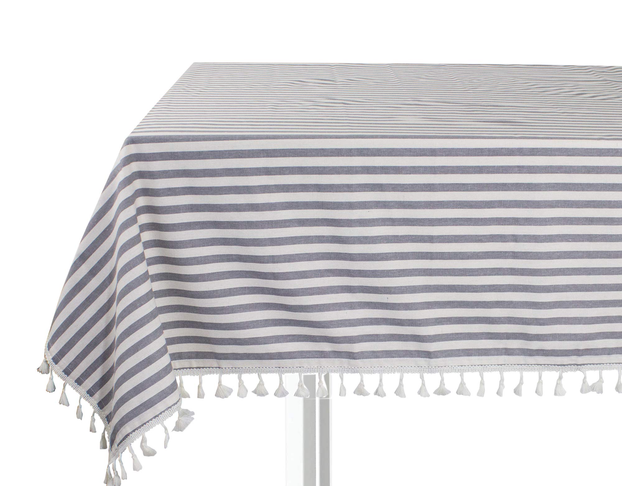 Fennco Styles Simply Striped Tassel Cotton Blend 55 x 55 Inch Tablecloth - Green Table Cover for Banquets, Holiday, Special Events, Outdoor and Home Décor