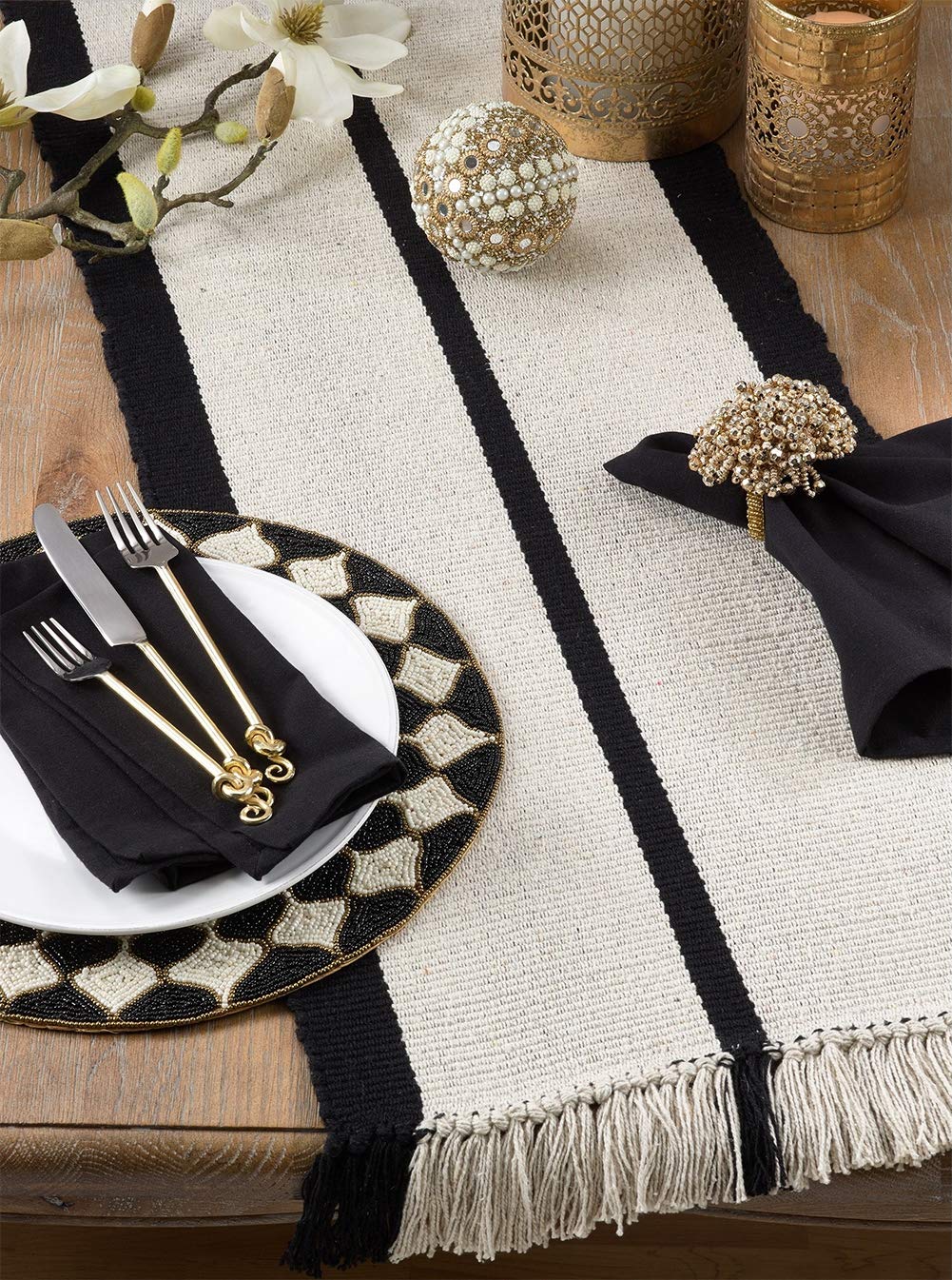 Heavy Rug 100% Woven Cotton Black Striped Natural Table Runner with Thick Fringe, 16"x72" Rectangular