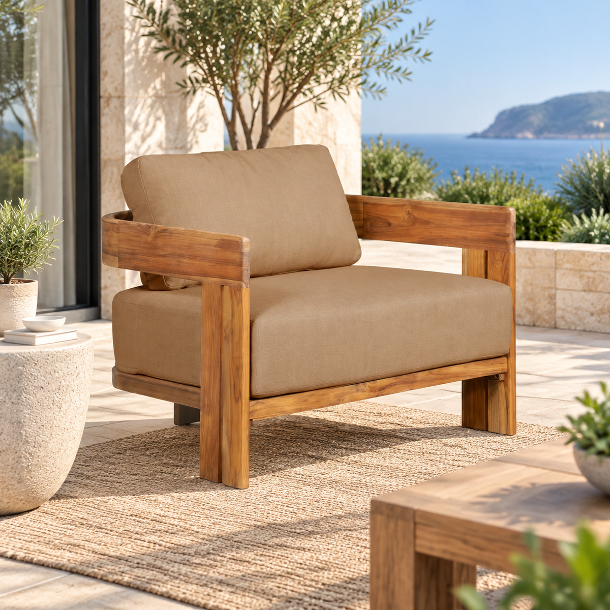 Paradiso Outdoor Solid Teak Wood Chair - light brown fabric