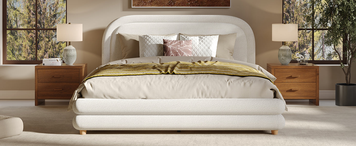 Queen Size Bed Frame With Boucle Upholstered Thick Curved Headboard, Solid Wood Legs