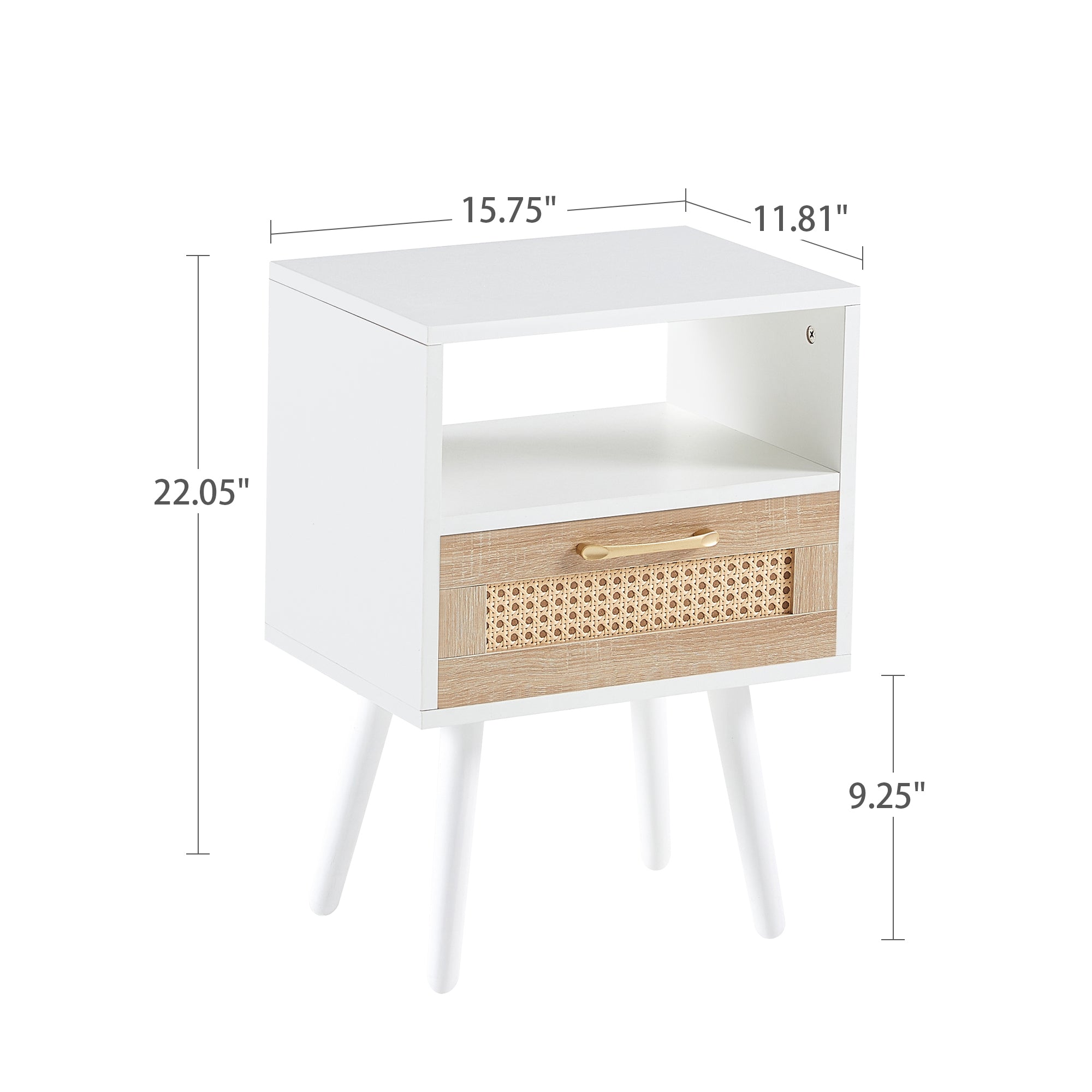 15.75" Rattan End table with drawer and solid wood legs Modern nightstand side table for living room white
