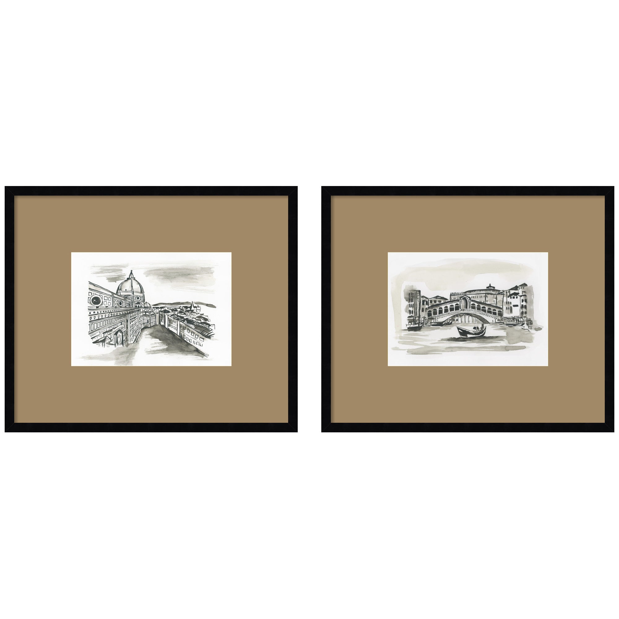 Vintage Postcard Florence & Venice 2 Piece Framed Wall Art Print Set by Teju Reval Brown Mat