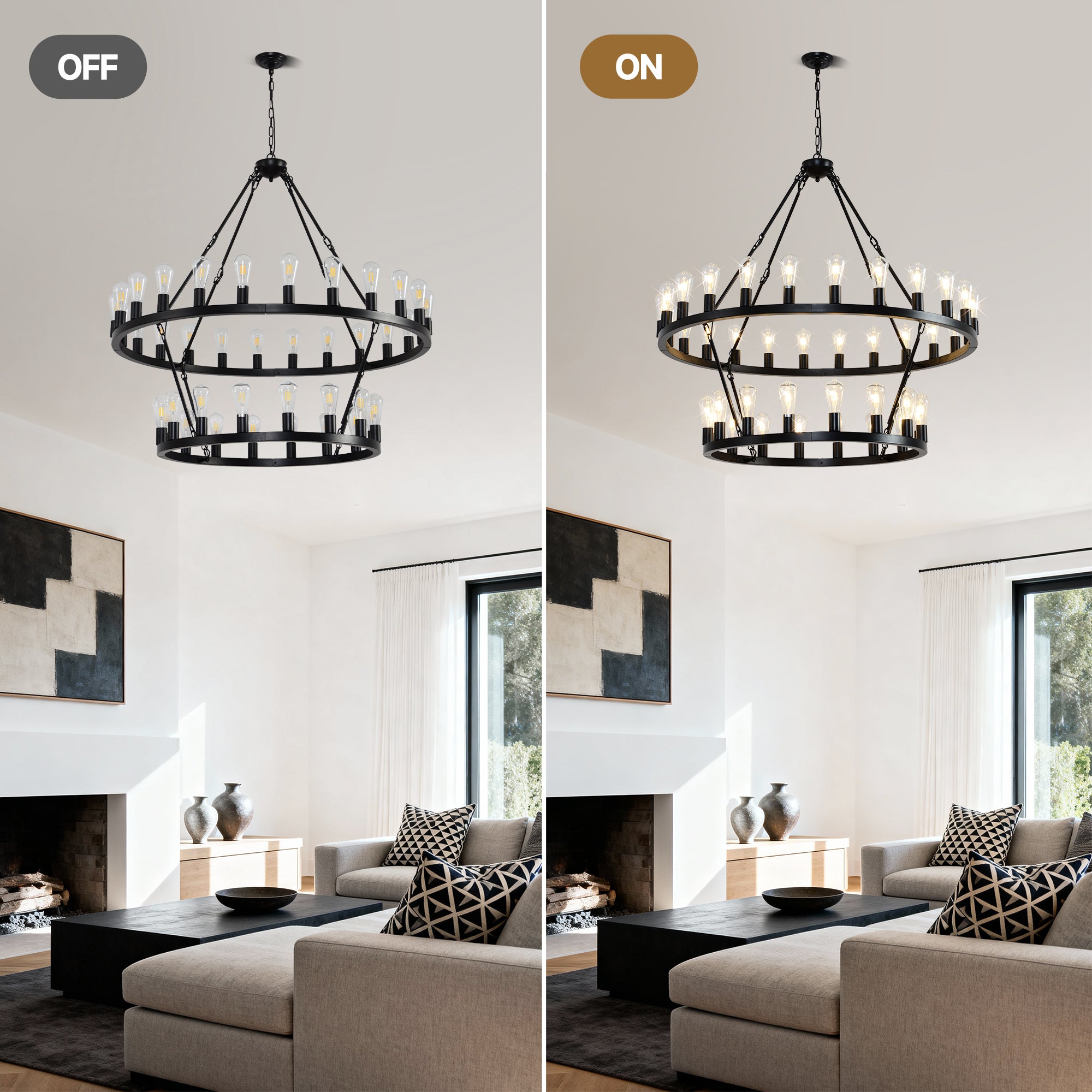 36-Lights 2-Level Matte Black Wagon Wheel Chandelier (24+12)