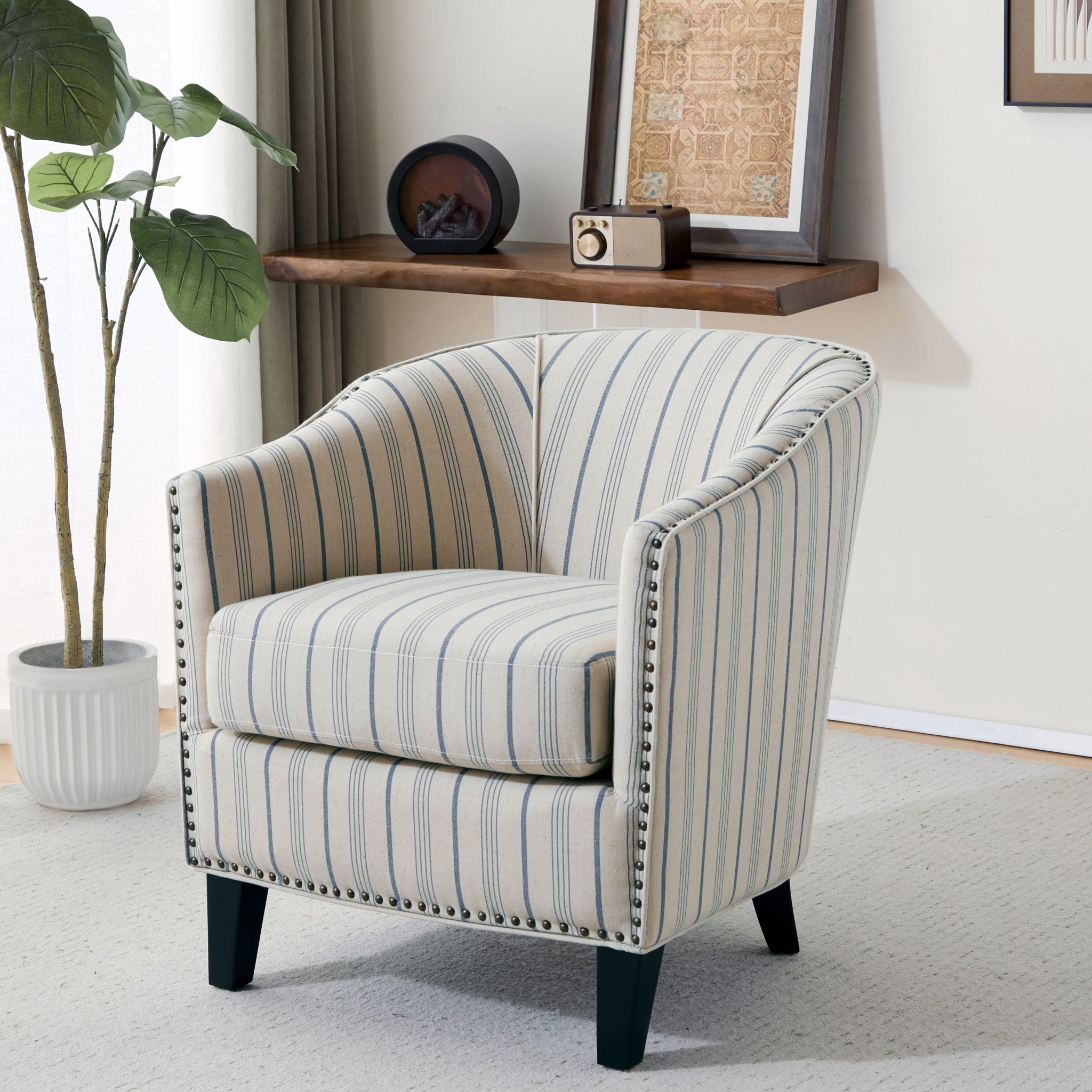 Transitional Upholstered Stripe Barrel Chair with Birch Wood Legs