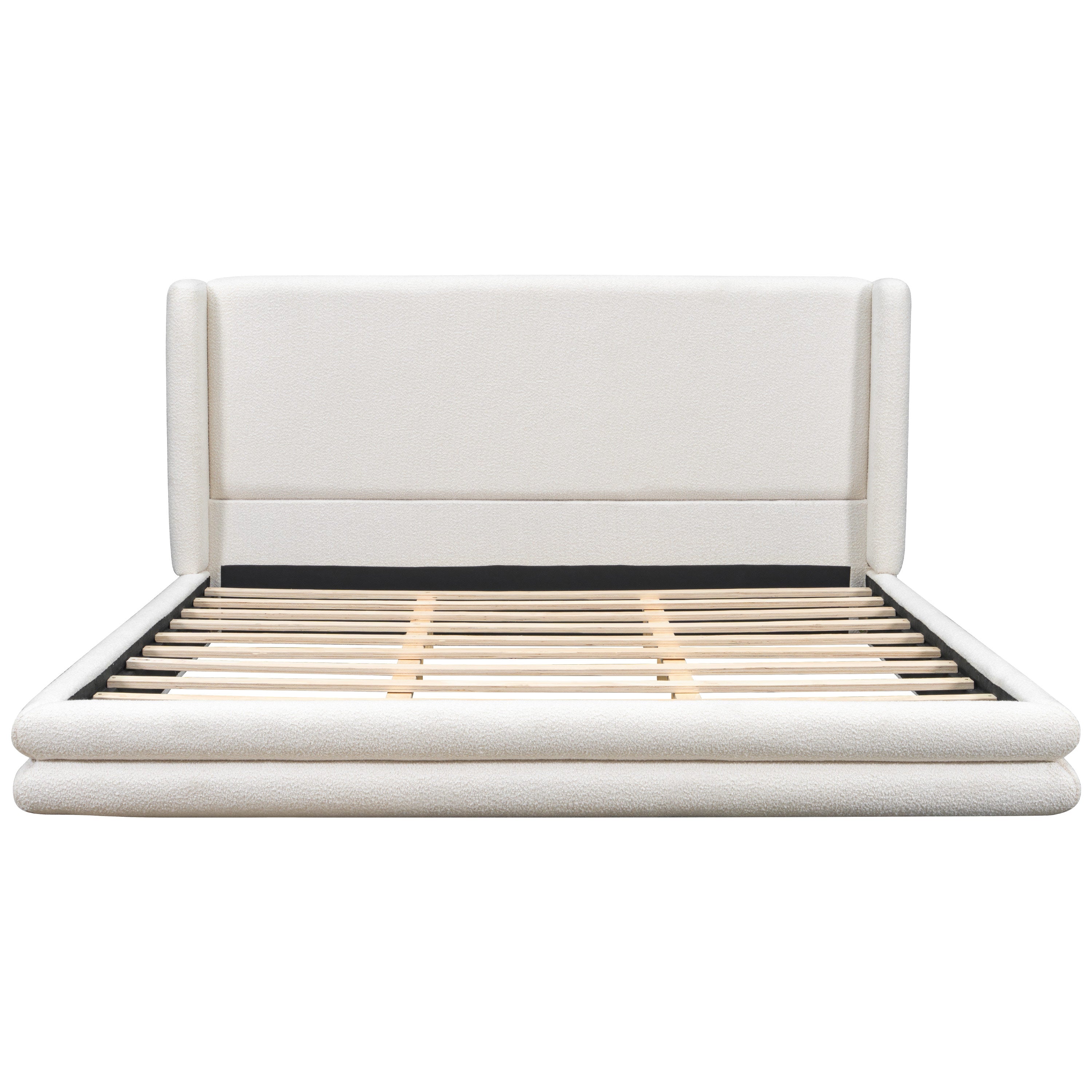 King Size Upholstered Bed Frame With Boucle Thick Wingback Headboard