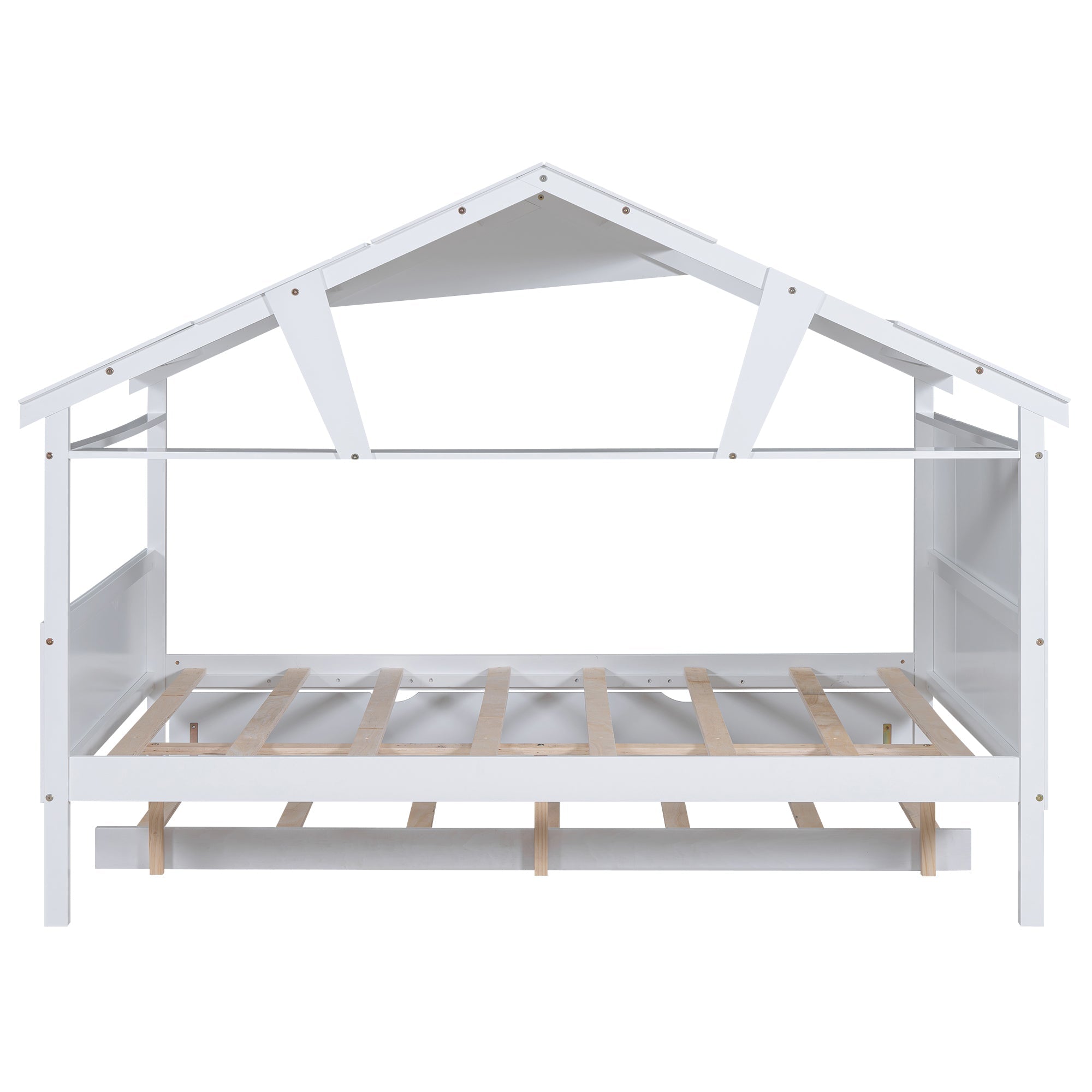 Wood Full Size House Bed with Twin Size Trundle and Storage White