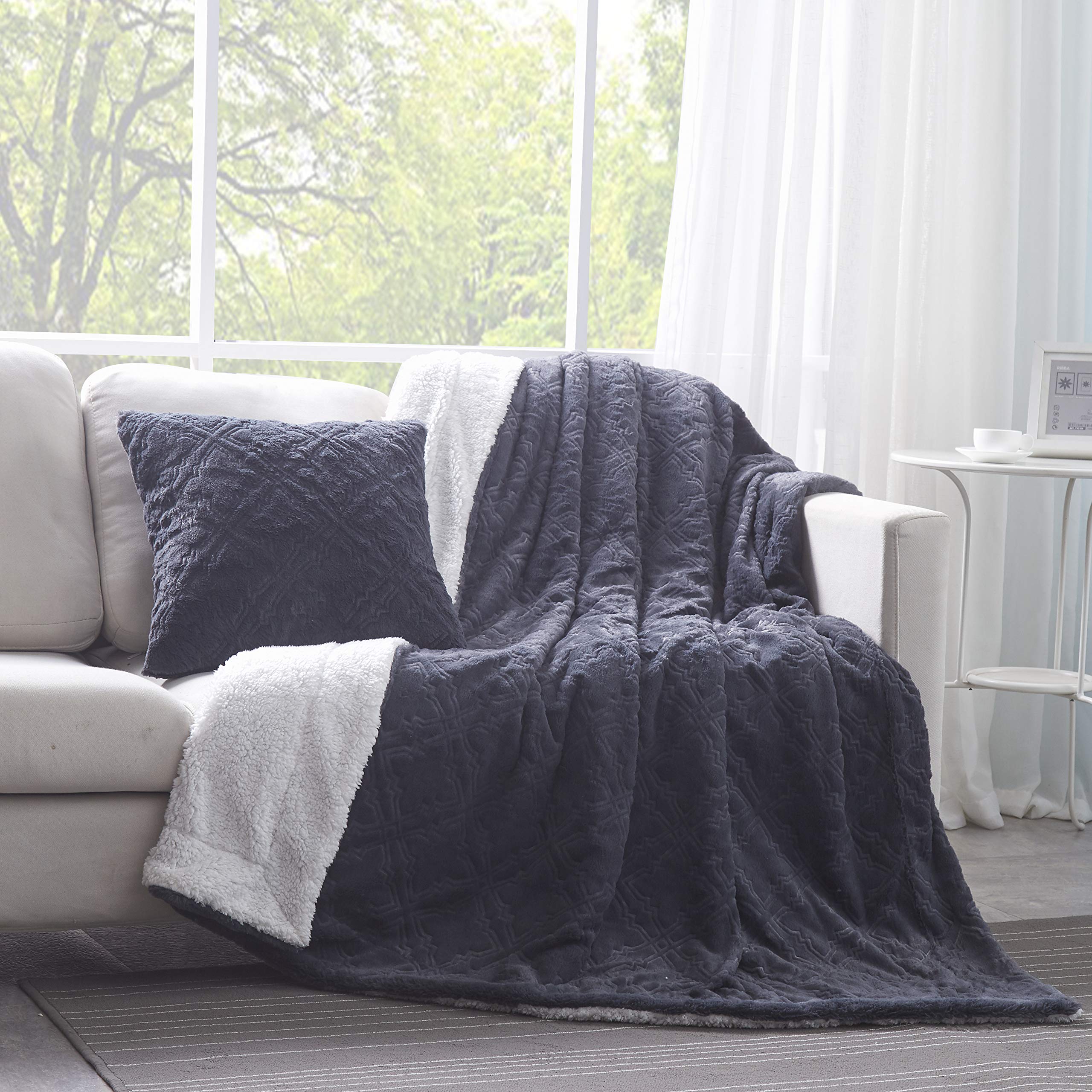 Tache Faux Fur Steel Navy Blue Diamond Trellis Pattern Throw Blanket (3390)
