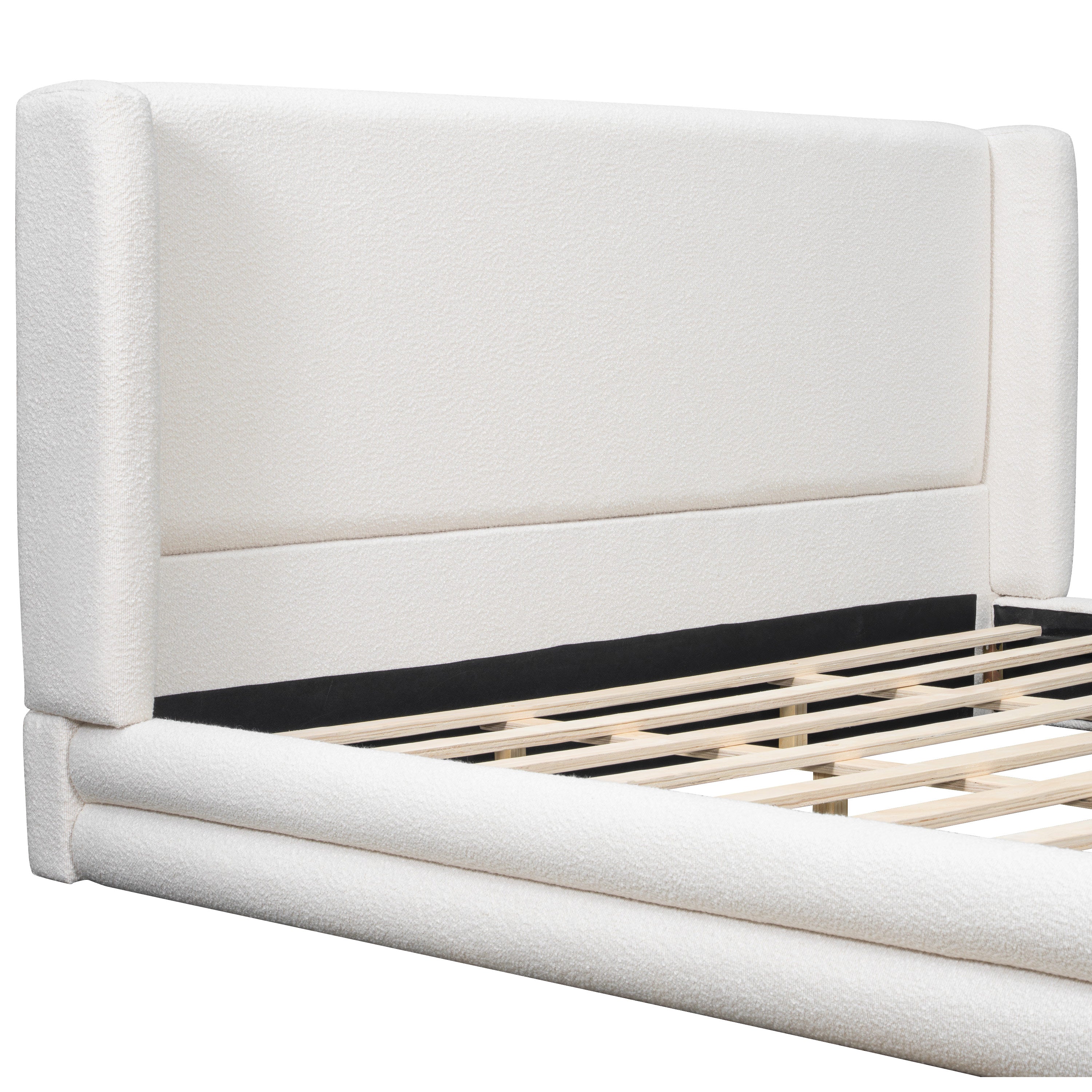 King Size Upholstered Bed Frame With Boucle Thick Wingback Headboard
