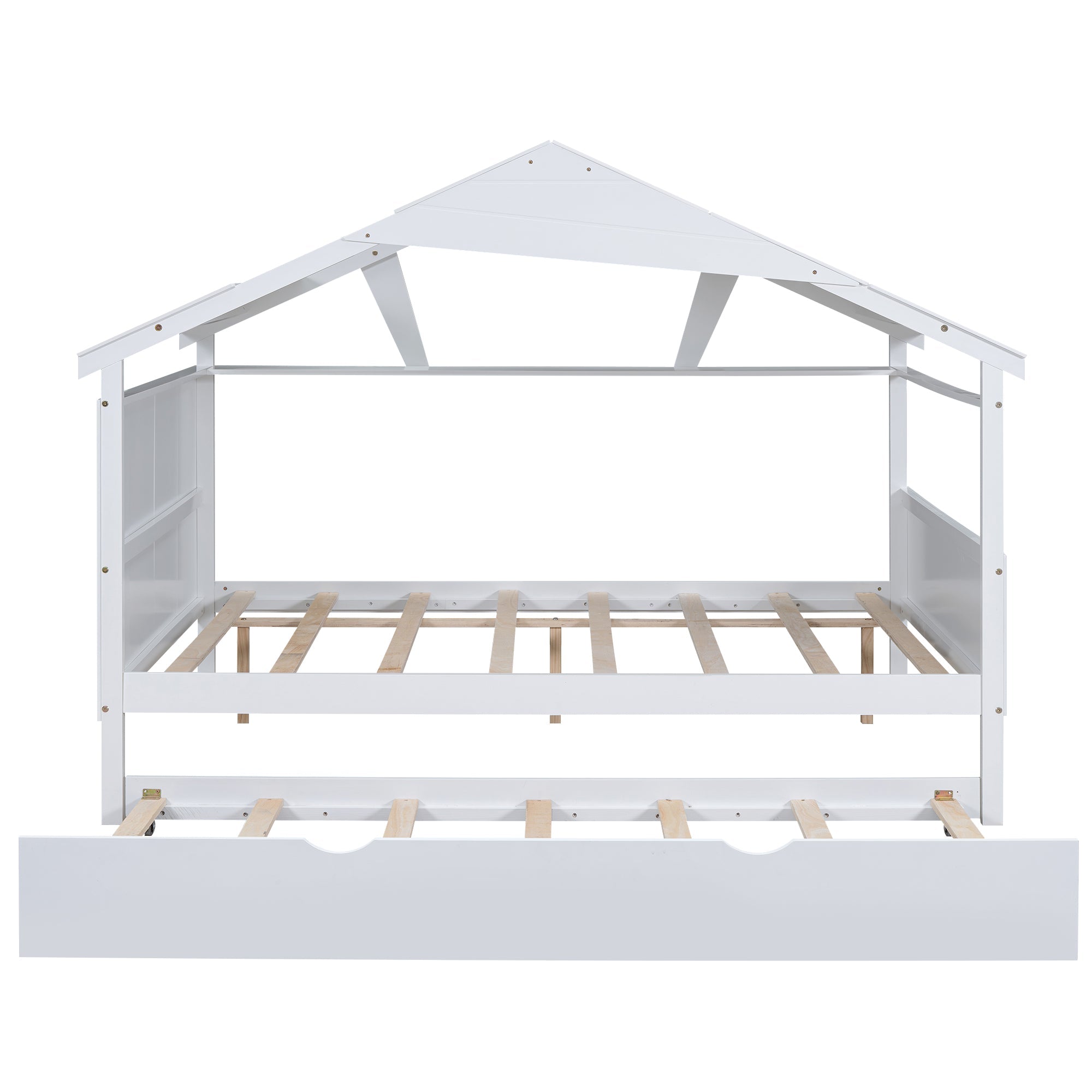 Wood Full Size House Bed with Twin Size Trundle and Storage White