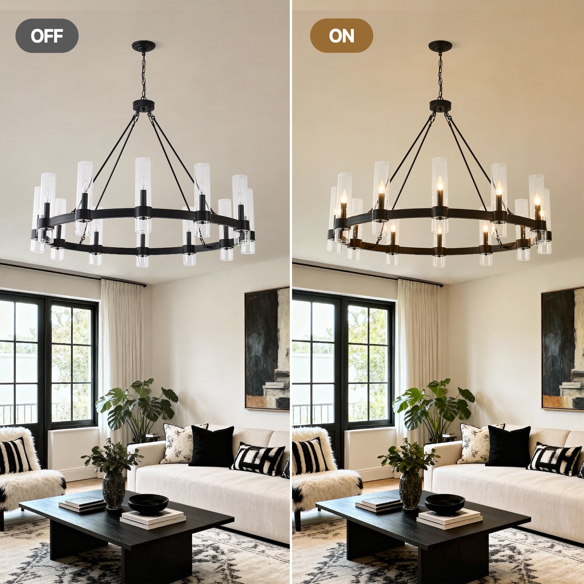 12-Light Matte Black Wagon Wheel Chandelier