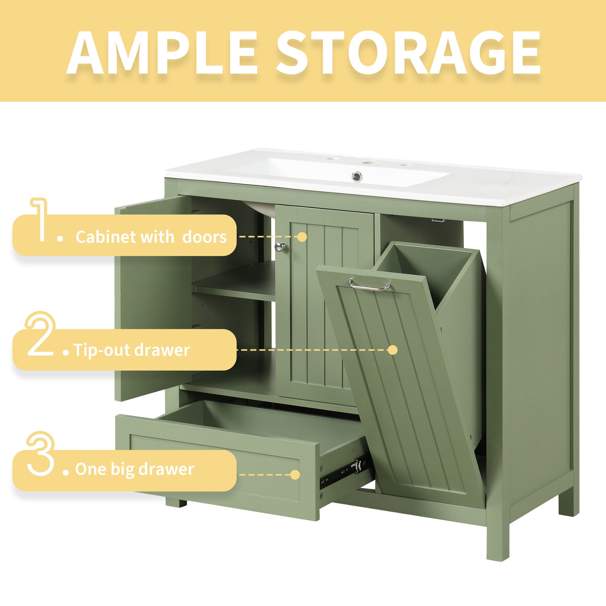 36 inch bathroom vanity with sink, one double door cabinet one large drawer and one flip drawer solid wood and MDF board, green