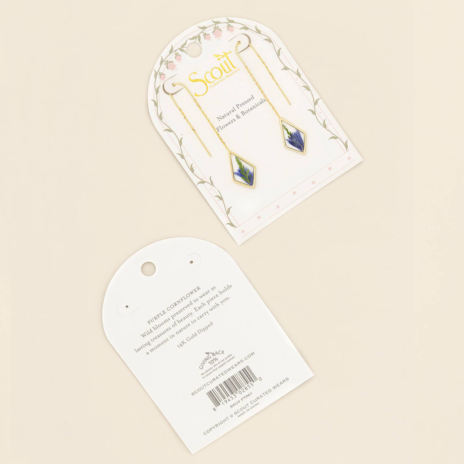 Pressed Flower Thread Earring - Purple Cornflower/Gold
