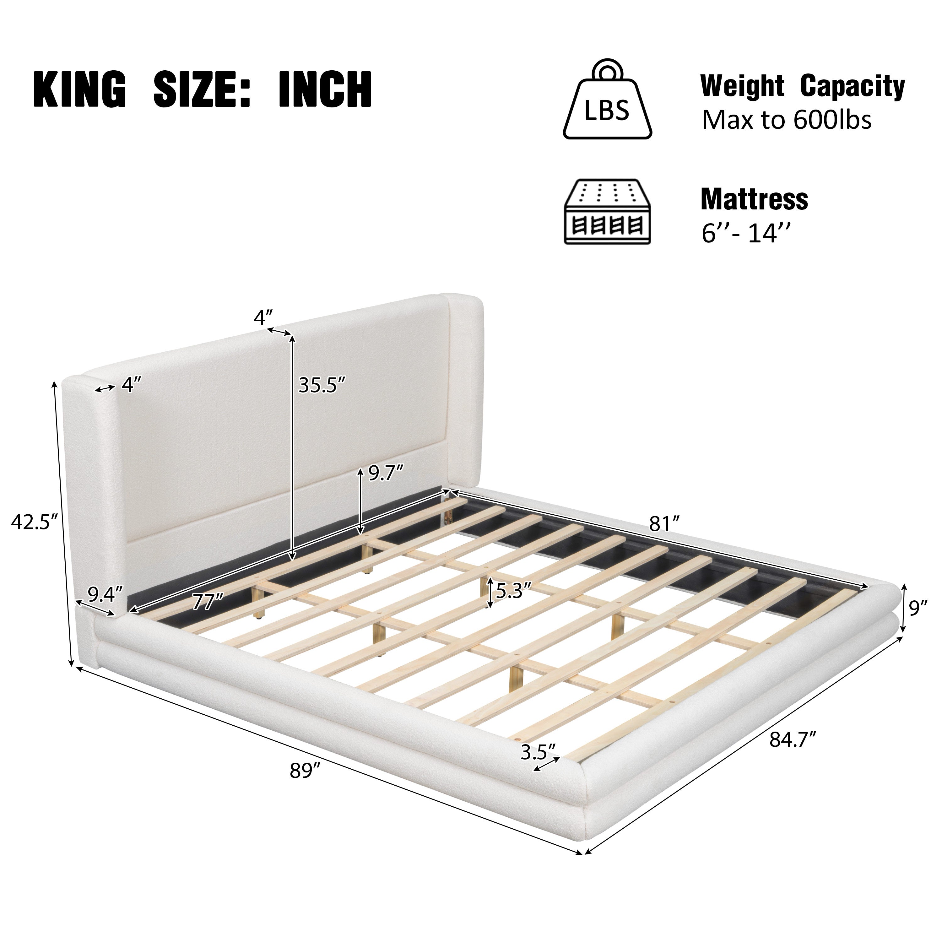 King Size Upholstered Bed Frame With Boucle Thick Wingback Headboard