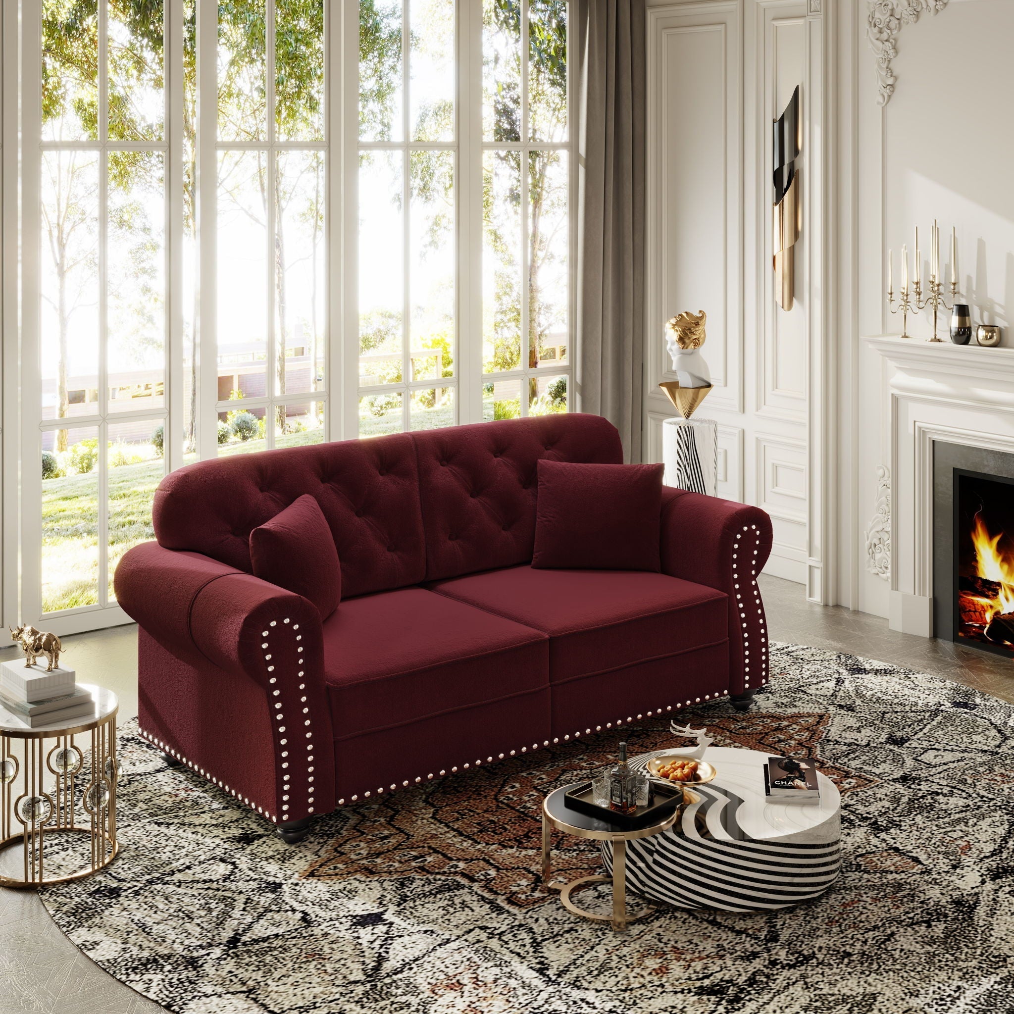 Upholstered Sofa Set With Nailhead Trim And Rolled Armrests, Includes Pillows