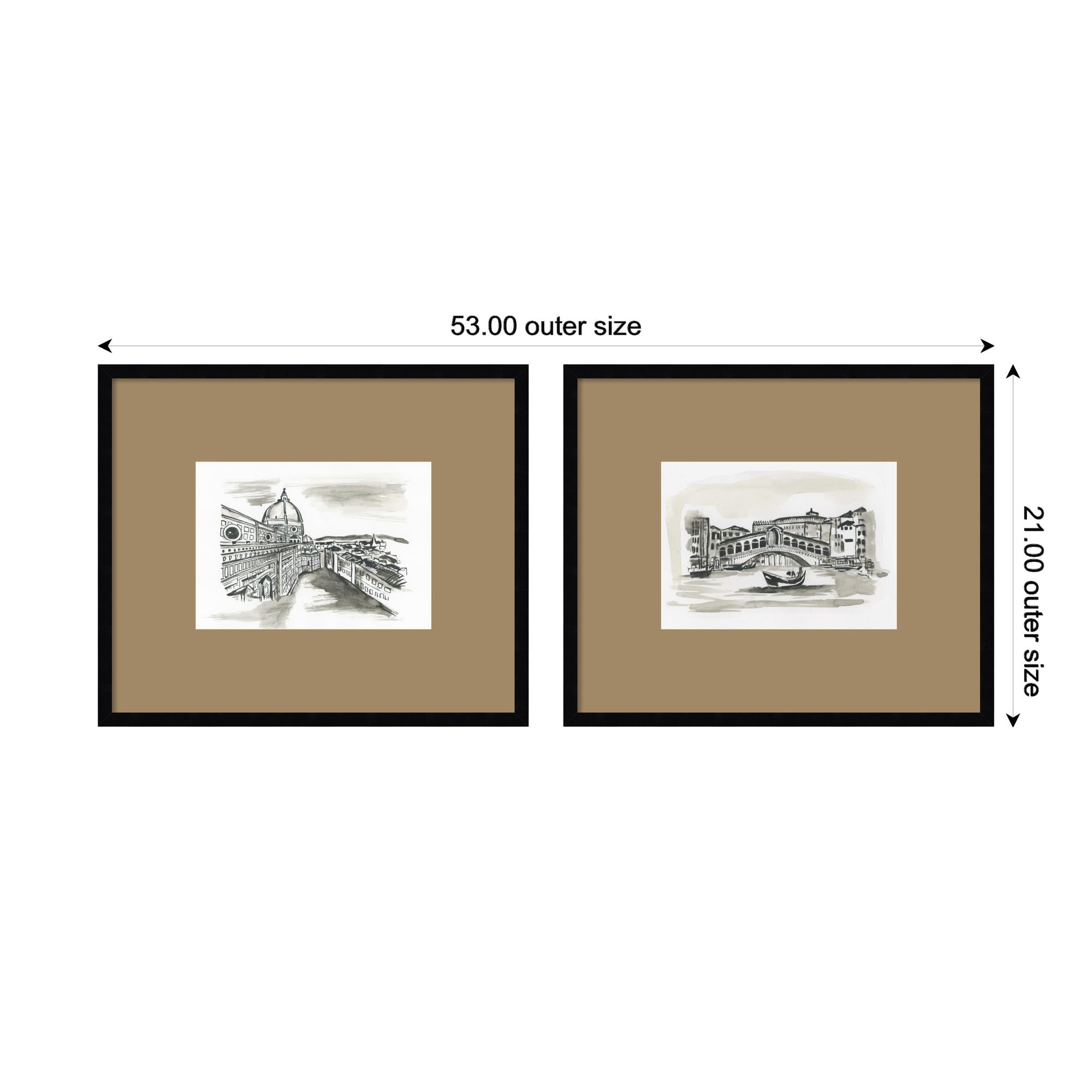 Vintage Postcard Florence & Venice 2 Piece Framed Wall Art Print Set by Teju Reval Brown Mat