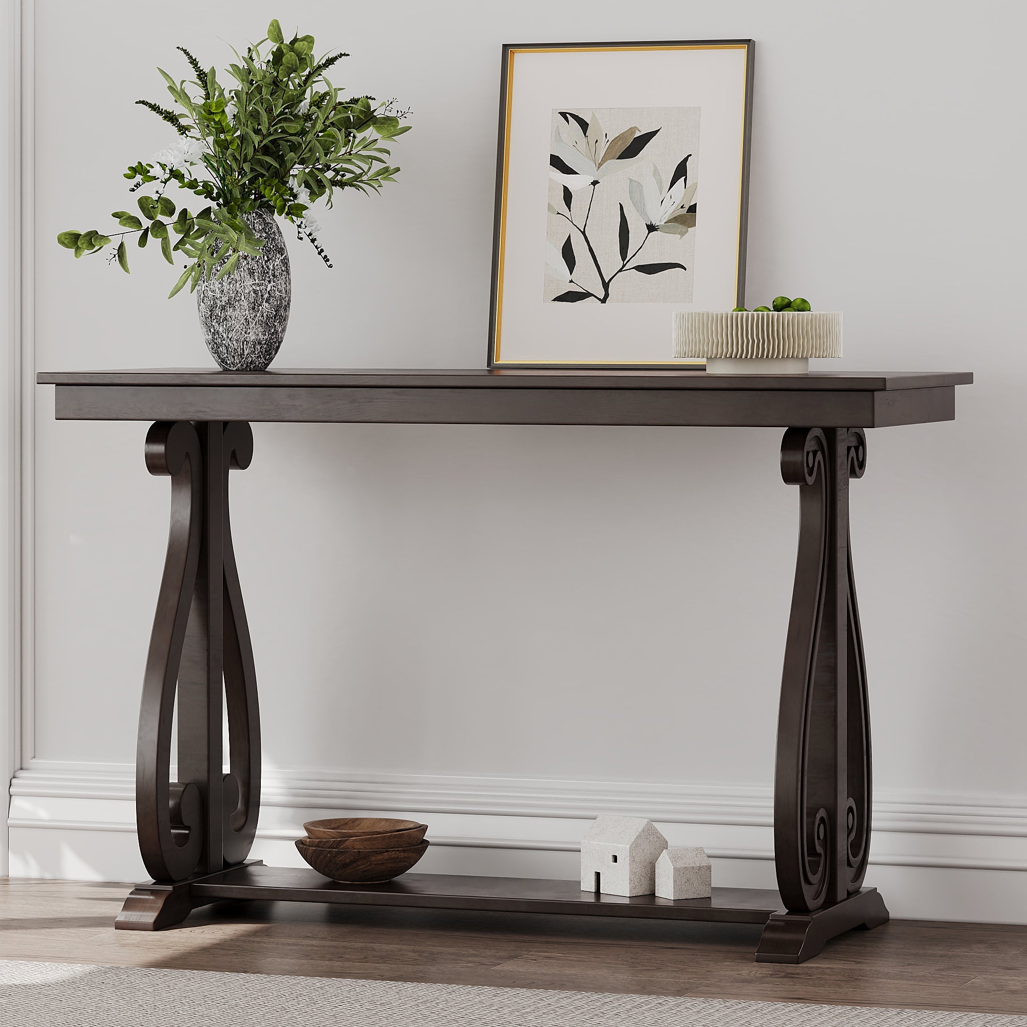 48-Inch Rustic Vintage Console Table --- Farmhouse Style Entryway Table with Open Shelf and Sturdy Construction (Espresso)