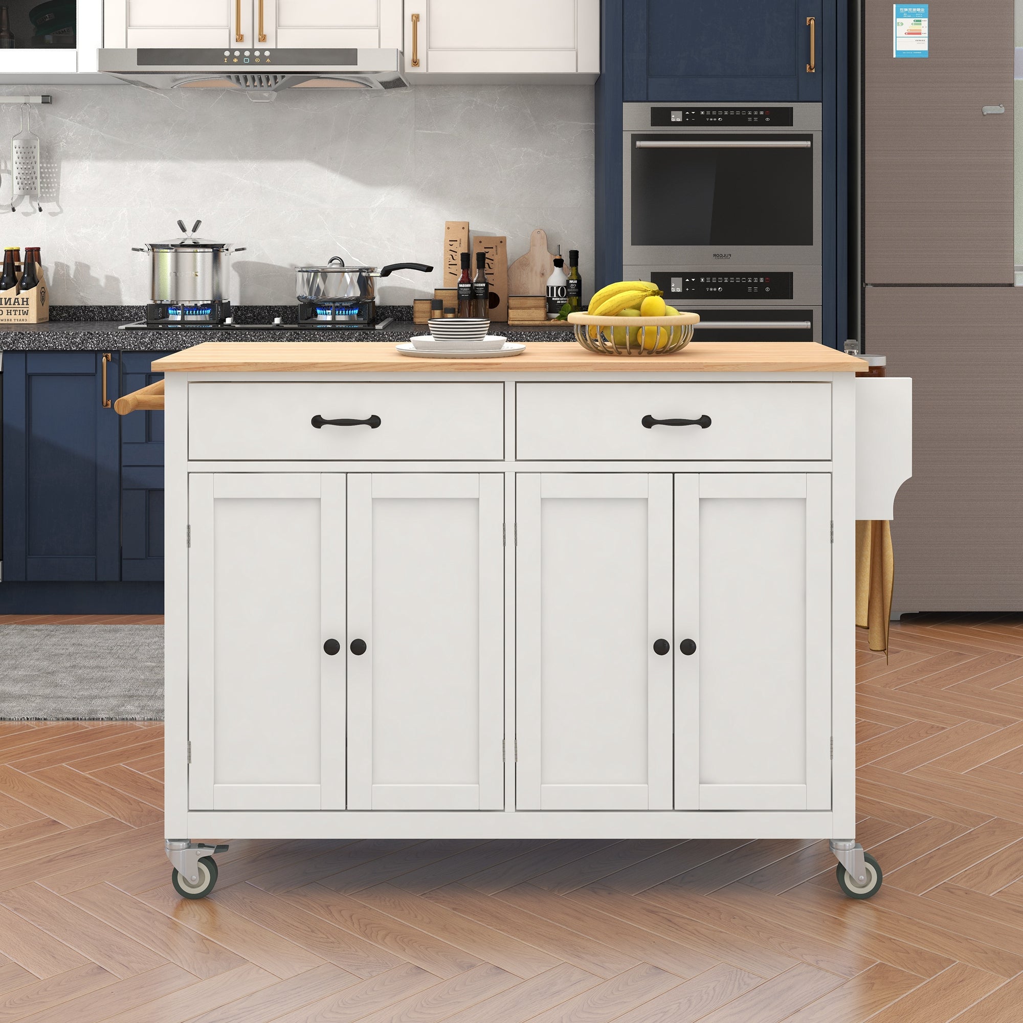 Kitchen Island Cart with Solid Wood Top and Locking Wheels 54.3 Inch Width (White)