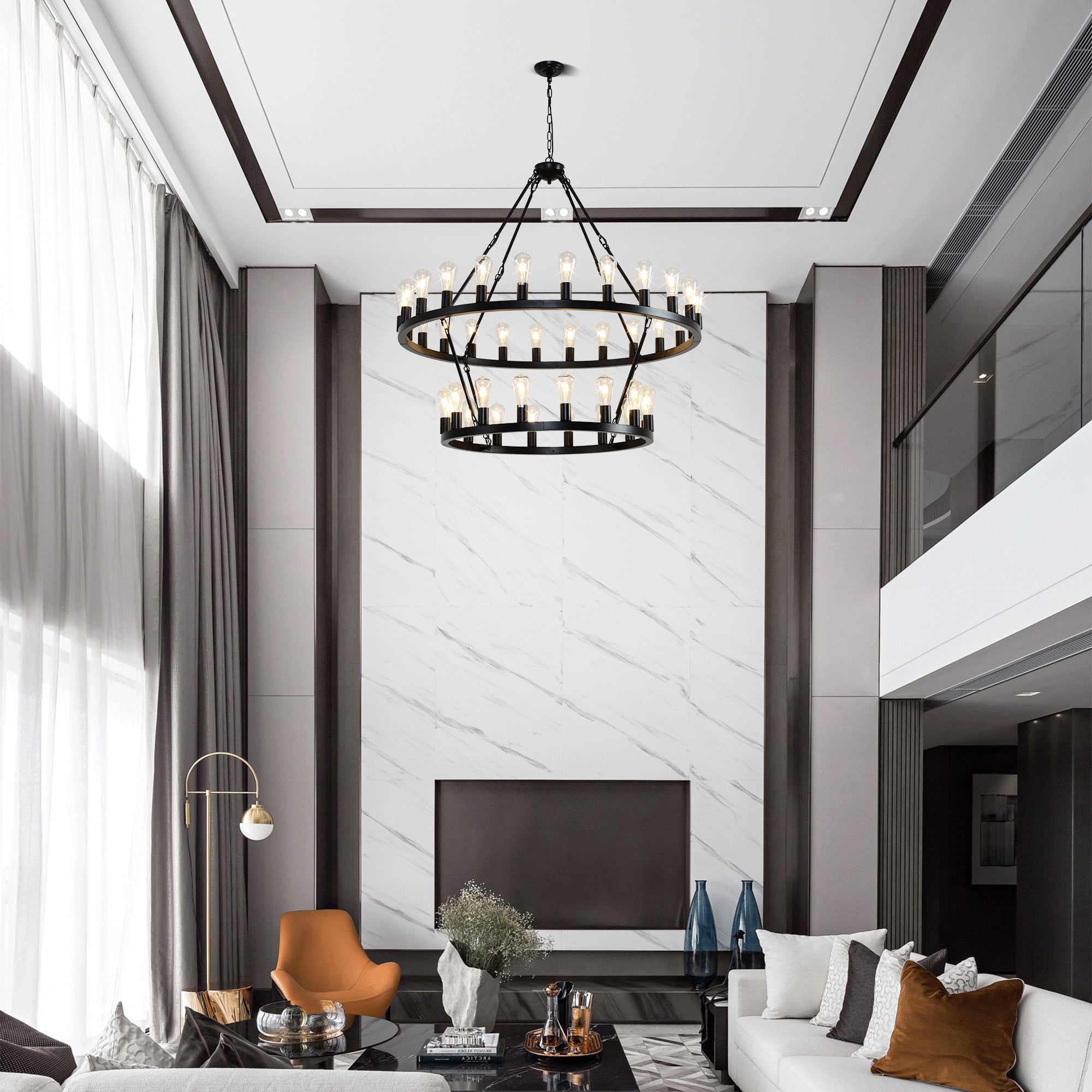 36-Lights 2-Level Matte Black Wagon Wheel Chandelier (24+12)