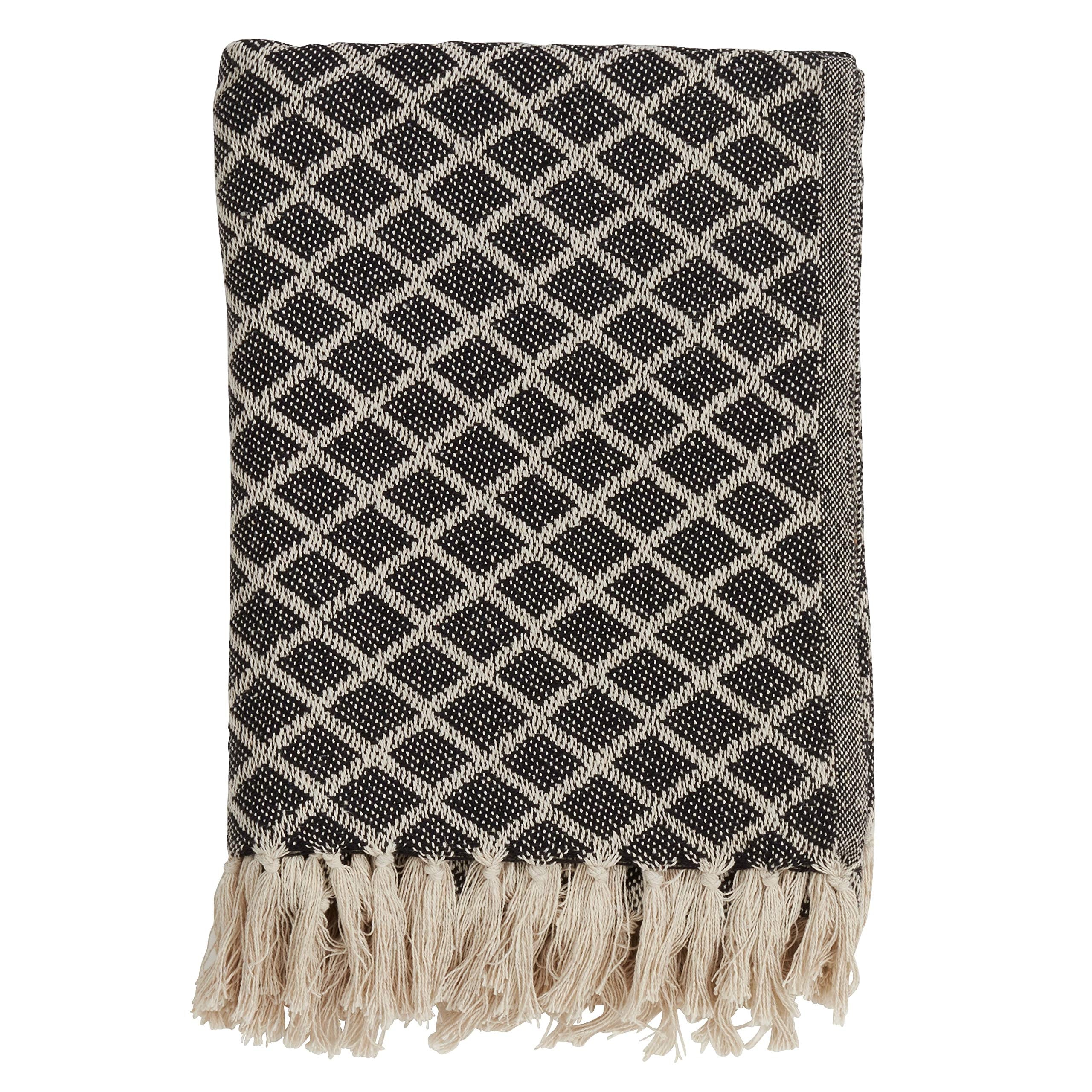 Diamond Two-Tone Tassel 100% Cotton Woven Soft Throw Blanket, 50" x 60", Black