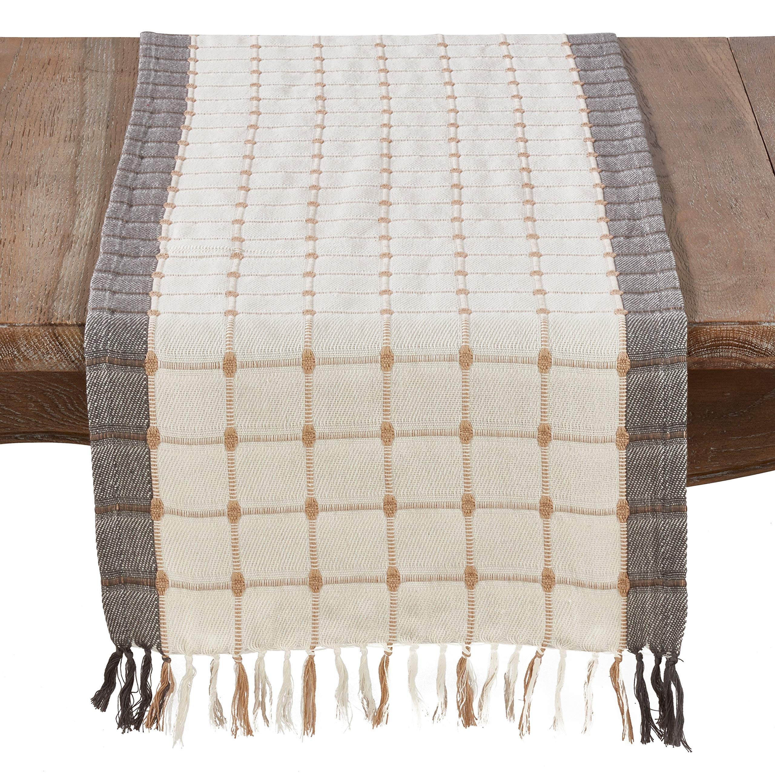 Windowpane Woven Design 100% Cotton Table Runner with Tassels (Multi)