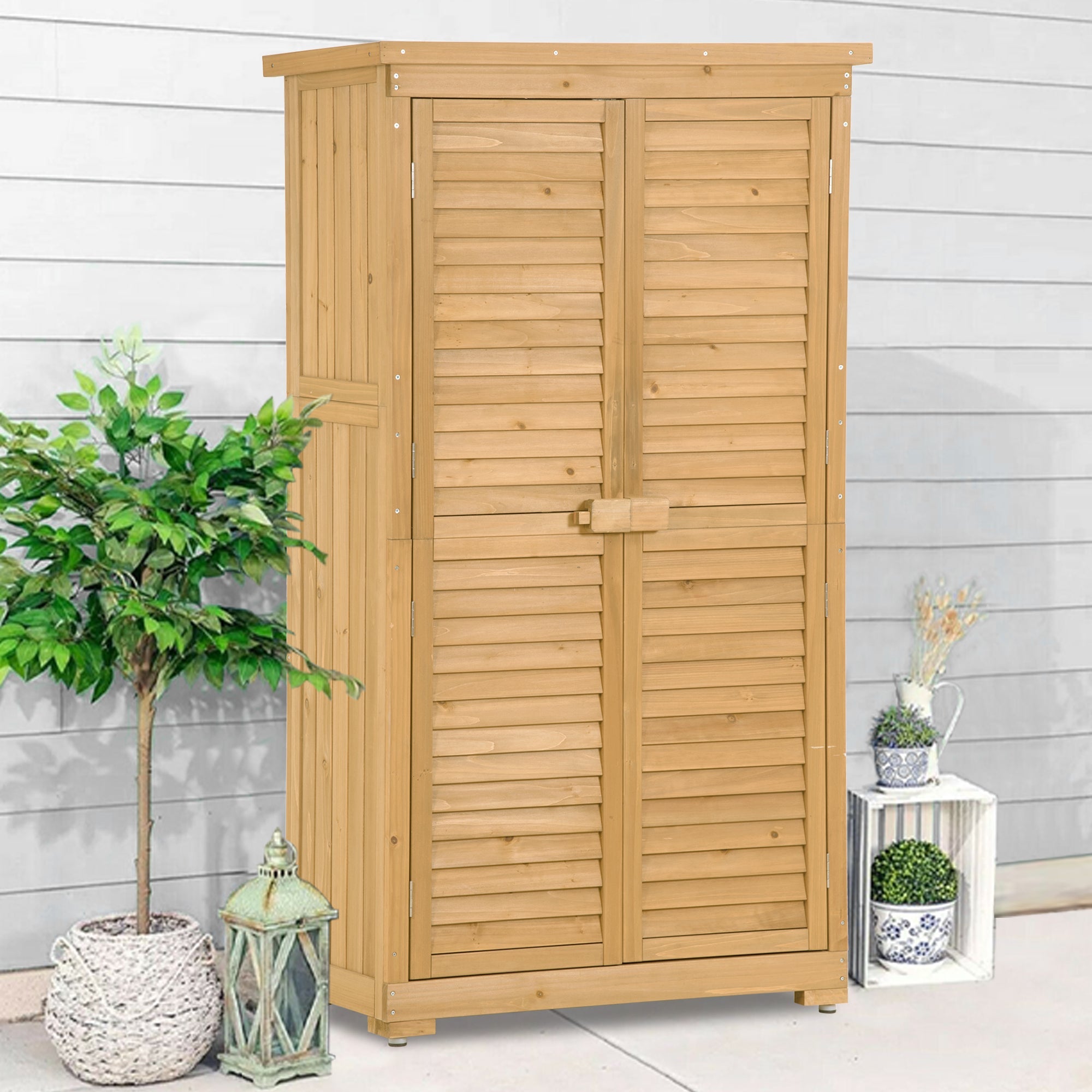 Wooden Garden Shed 3-tier Patio Storage Cabinet Outdoor Organizer Wooden Lockers with Wood (Natural Wood Color -Shutter Design)