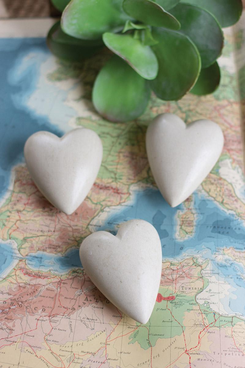 White Hand-Carved Stone Hearts - Set of 6