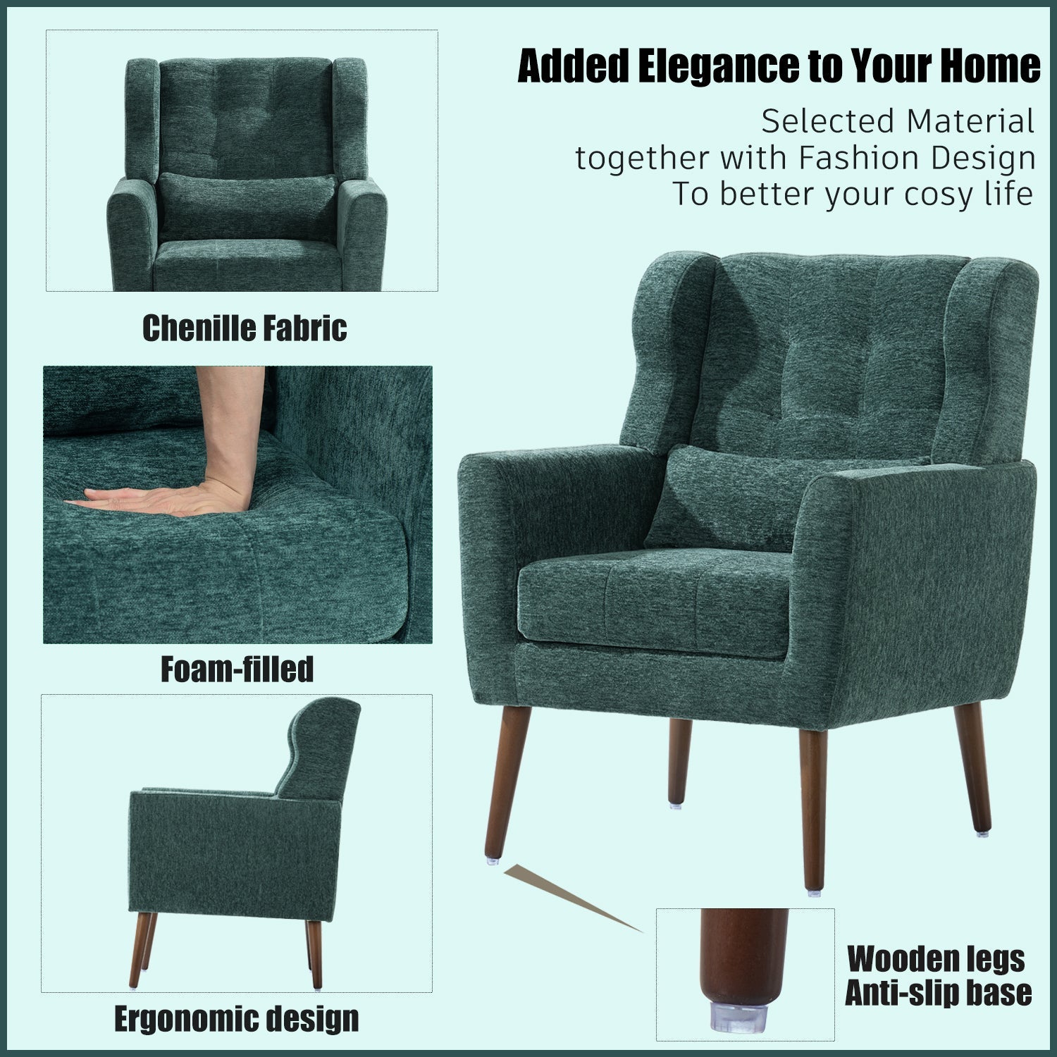 Modern Accent Chair Upholstered Foam Filled Living Room Chairs Comfy Reading Chair Mid Century Modern Chair (Blackish Green)
