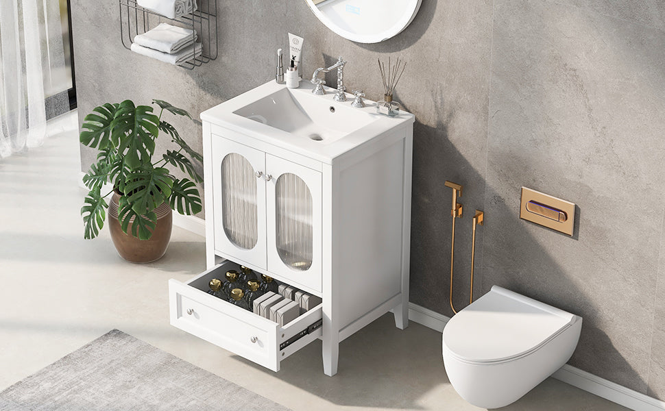24" Bathroom Vanity with Sink, Bathroom Vanity Cabinet with One Drawer and Doors, Adjustable Shelf, Solid Wood and MDF, White