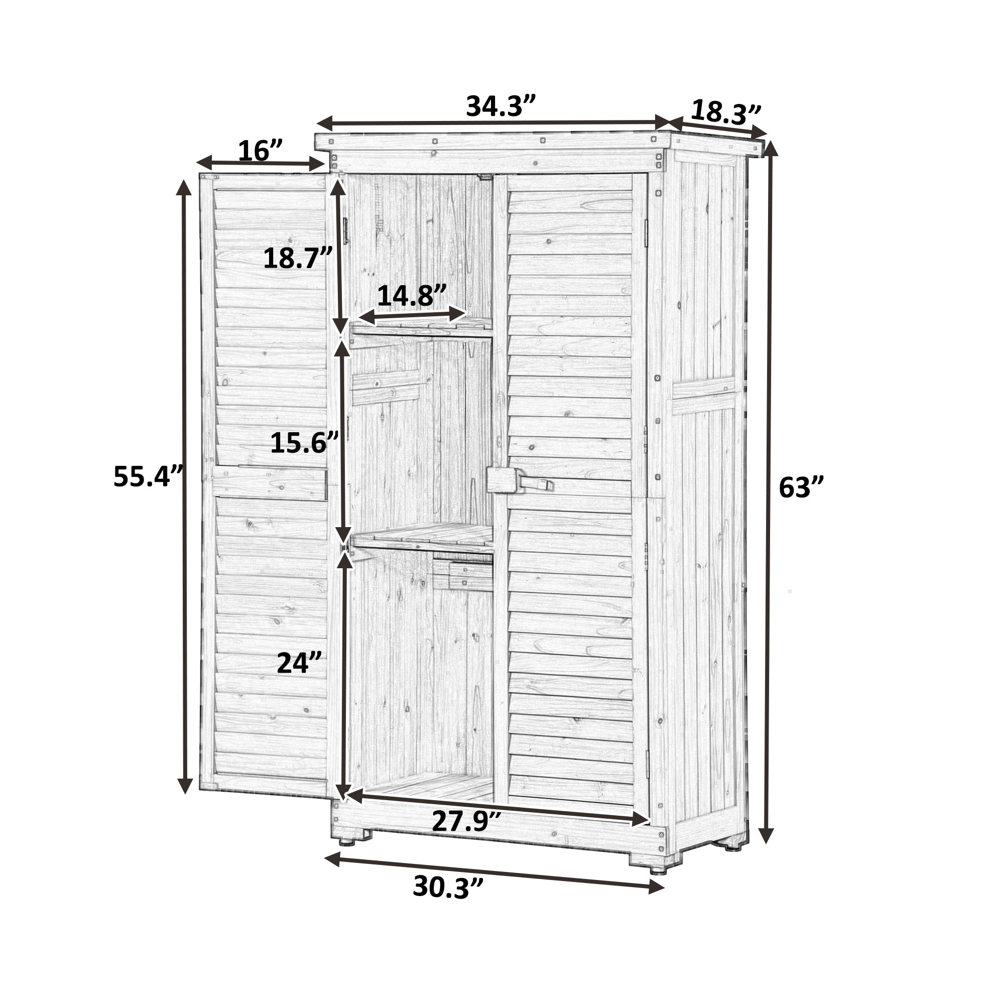 Wooden Garden Shed 3-tier Patio Storage Cabinet Outdoor Organizer Wooden Lockers with Wood (Natural Wood Color -Shutter Design)