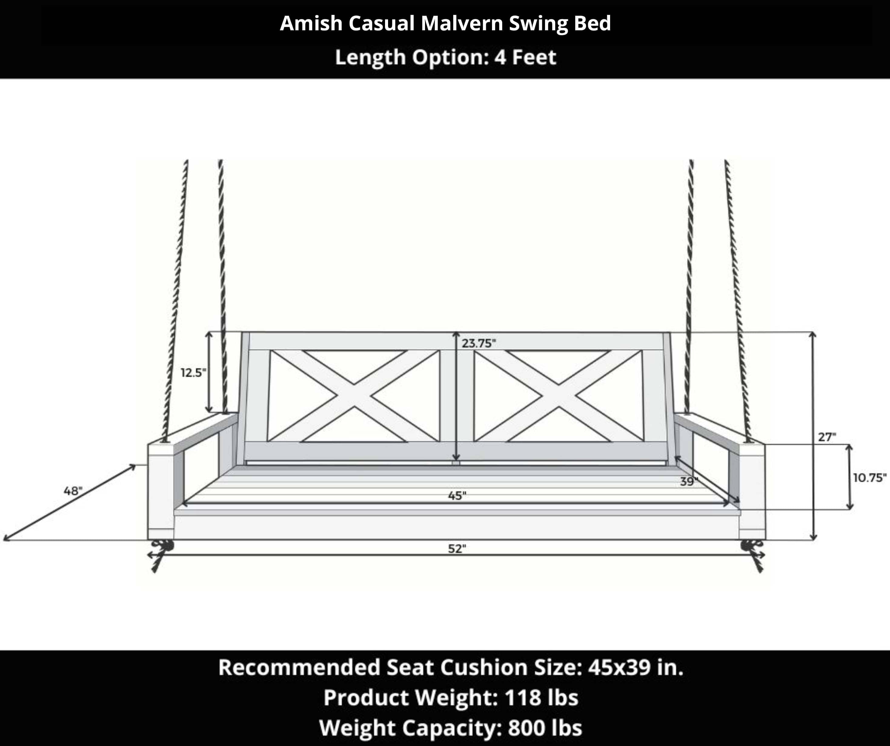Amish Casual Malvern Porch Swing Bed, 4 Ft Dark Walnut with Clearcoat