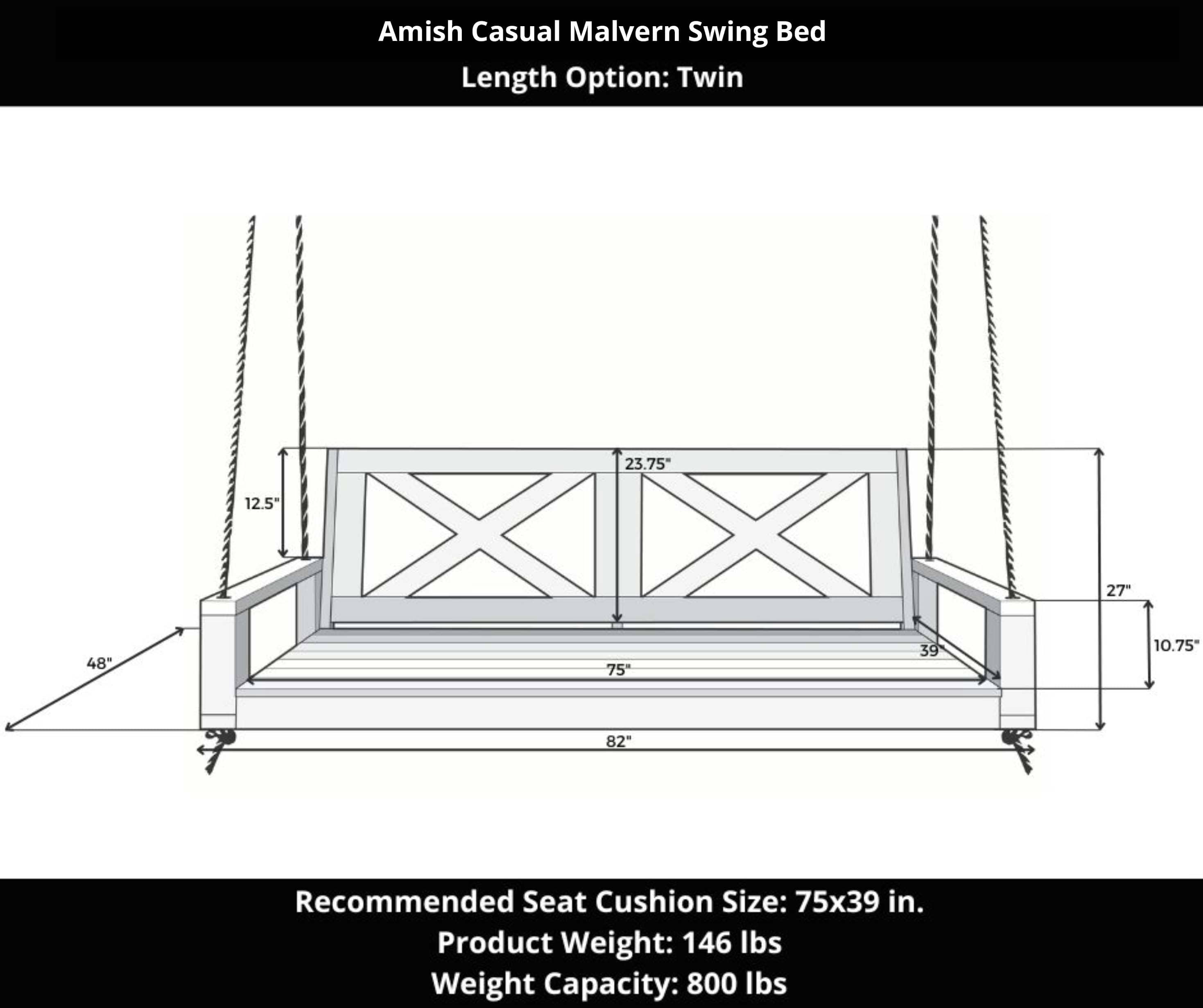 Amish Casual Malvern Porch Swing Bed, Twin Oak with Clearcoat